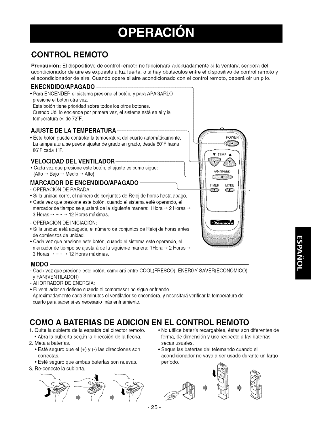 Kenmore 580.75281 owner manual Como a Baterias DE Adicion EN EL Control Remoto, Ajuste DE LA Temperatura 