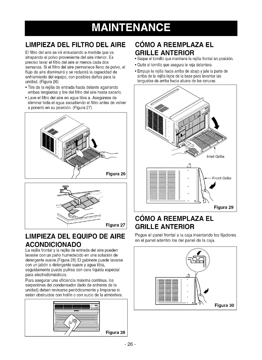 Kenmore 580.75281 owner manual Limpieza DEL Filtro DEL Aire, Limpieza DEL Equipo DE Aire Acondicionado 