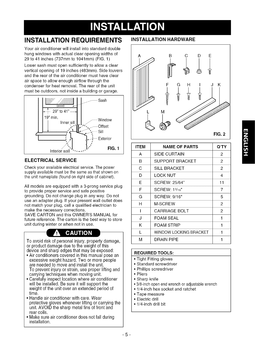 Kenmore 580.75281 owner manual Installation Requirements, Installation Hardware, Electrical Service, Qty 