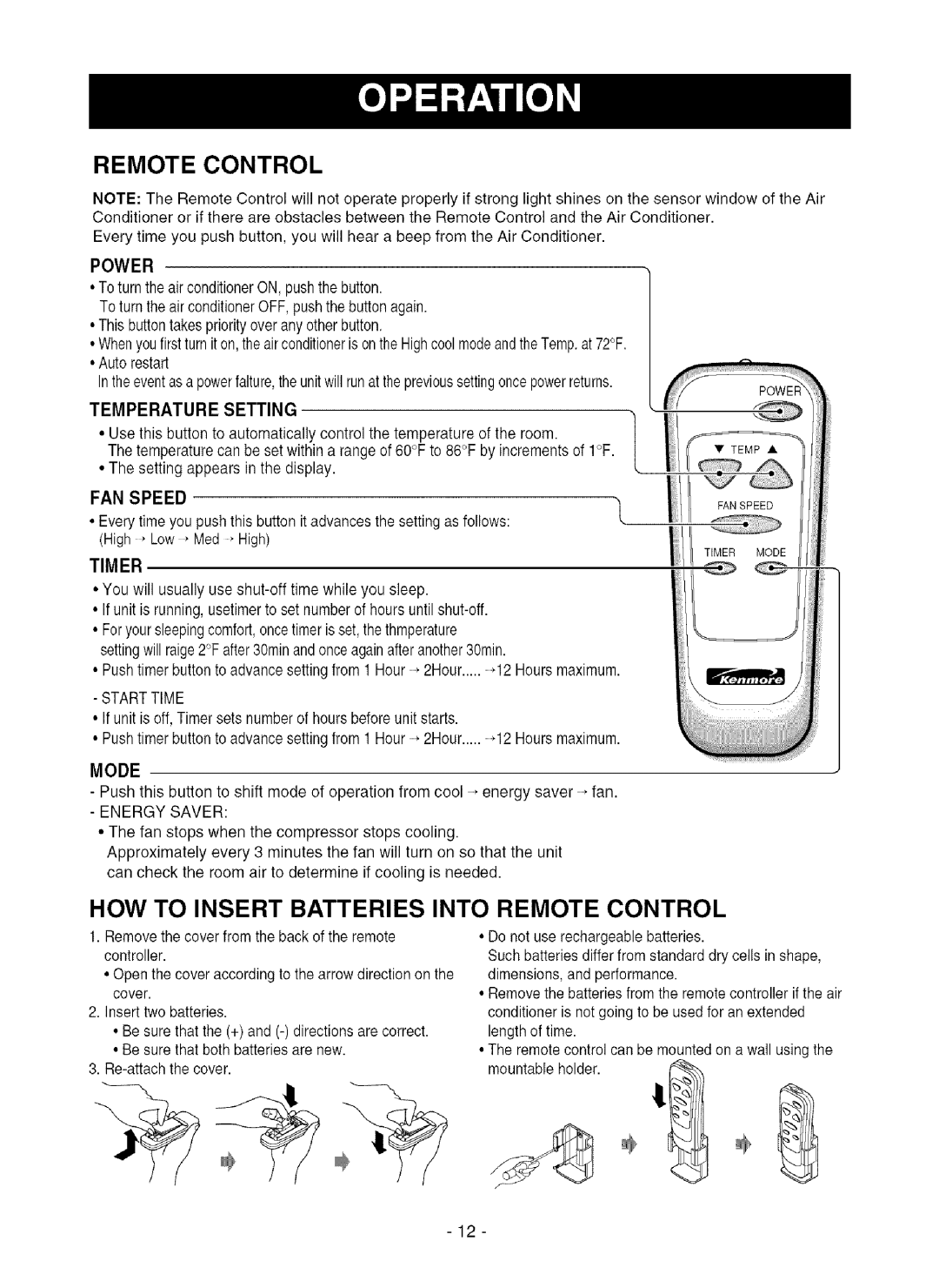 Kenmore 580.75281 owner manual How To Insert Batteries Into Remote Control, Timer, Mode 