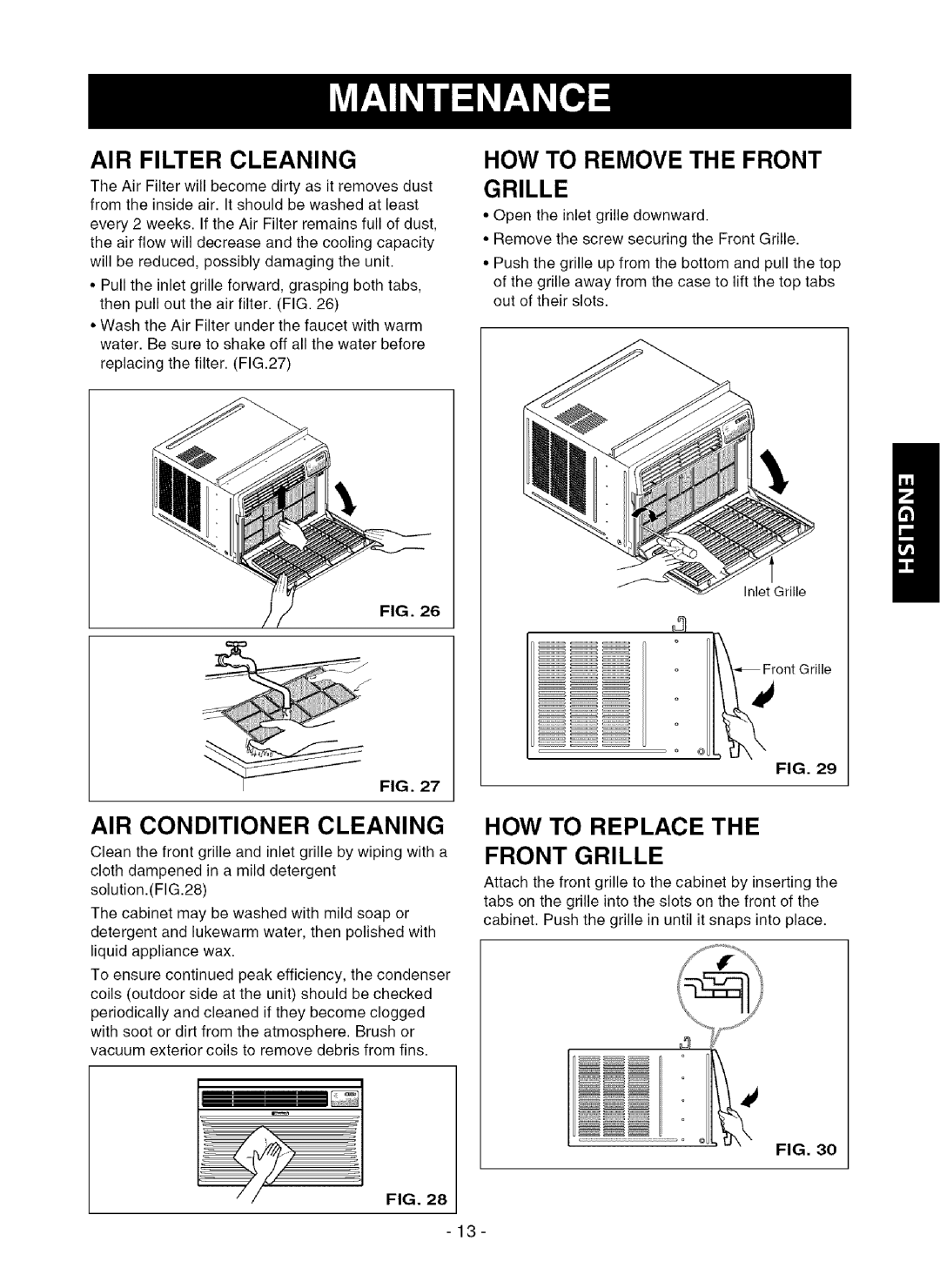 Kenmore 580.75281 owner manual Air Filter Cleaning, How To Remove The Front, Grille, Air Conditioner Cleaning, Fig. Fig 