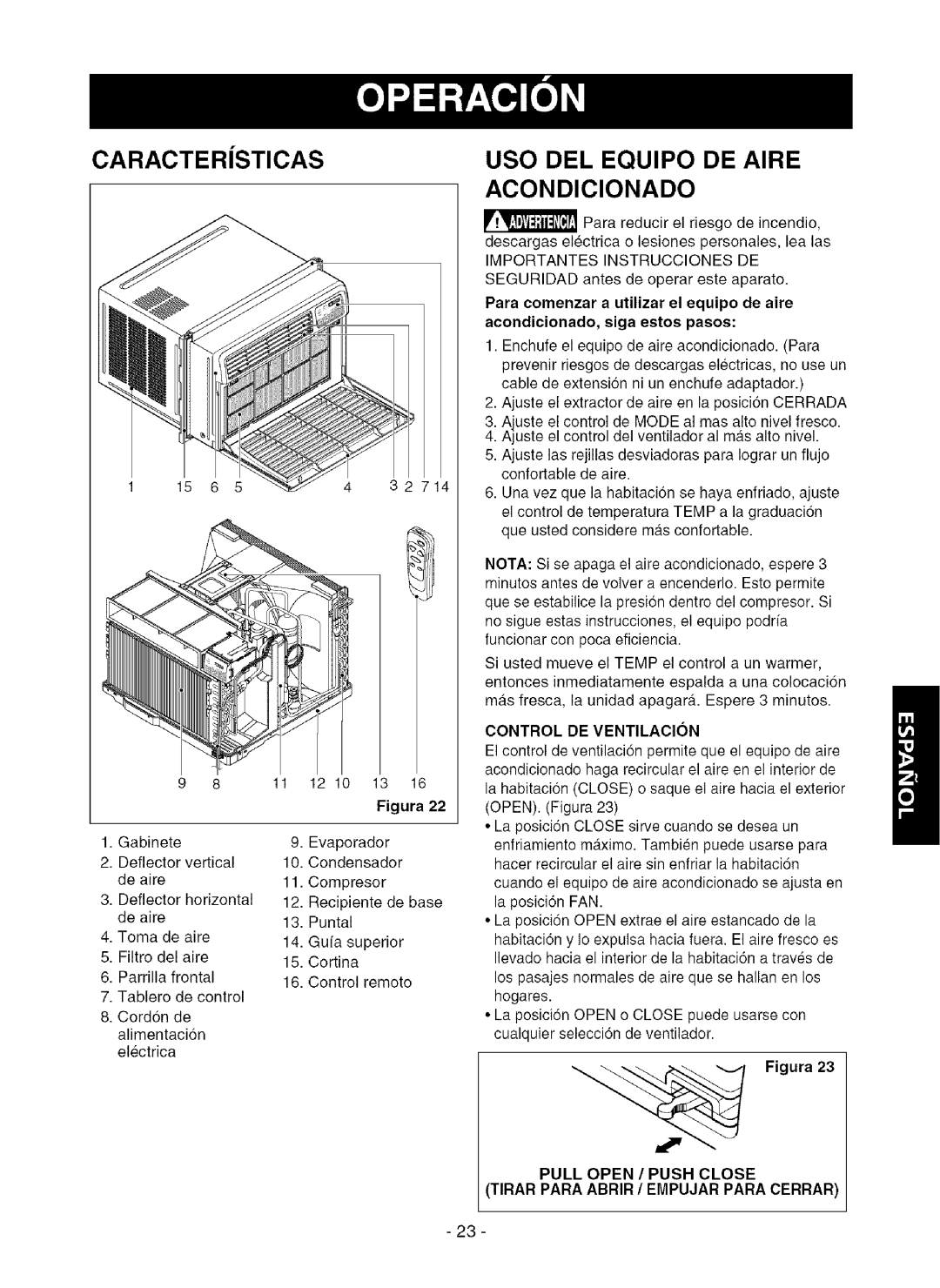 Kenmore 580.75281 owner manual Caracter Sticas, USO DEL EQUlPO DE AIRE ACONDIClONADO, Figura, Control De Ventilacion 