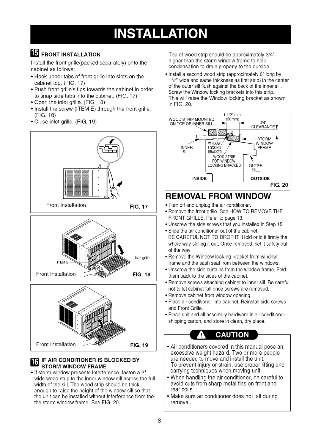 Kenmore 580.75281 owner manual I Sll, Removal From Window 
