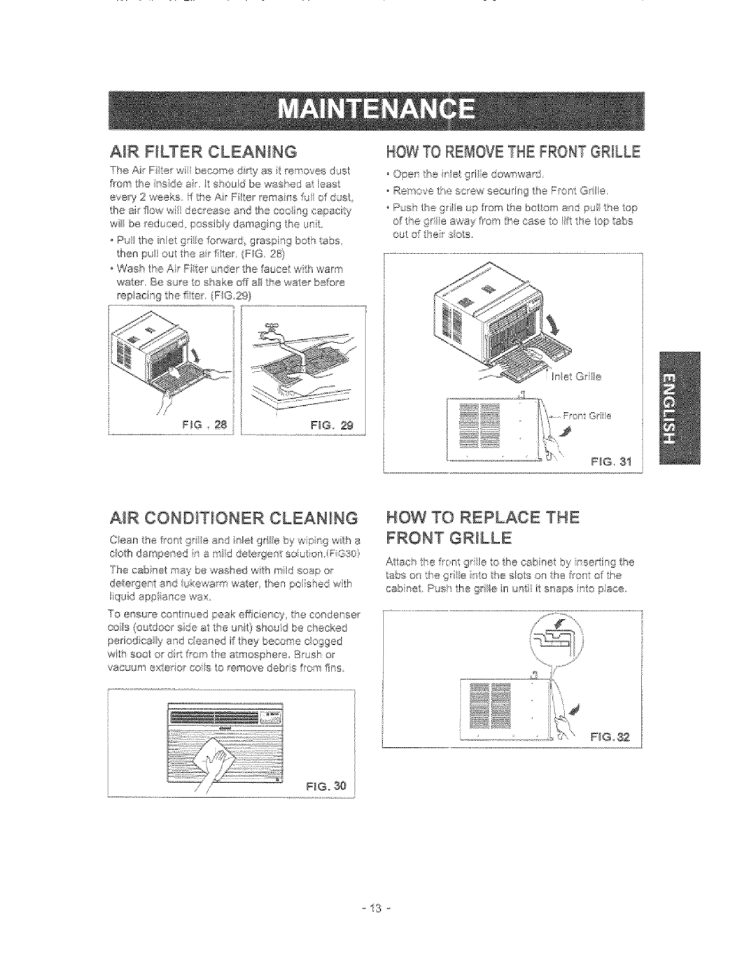 Kenmore 580.76081 manual AiR Flter Cleaning, Frontgrille, AIR CONDiTiONER Cleaning, NOW to Replace the Front Grille, FG.32 