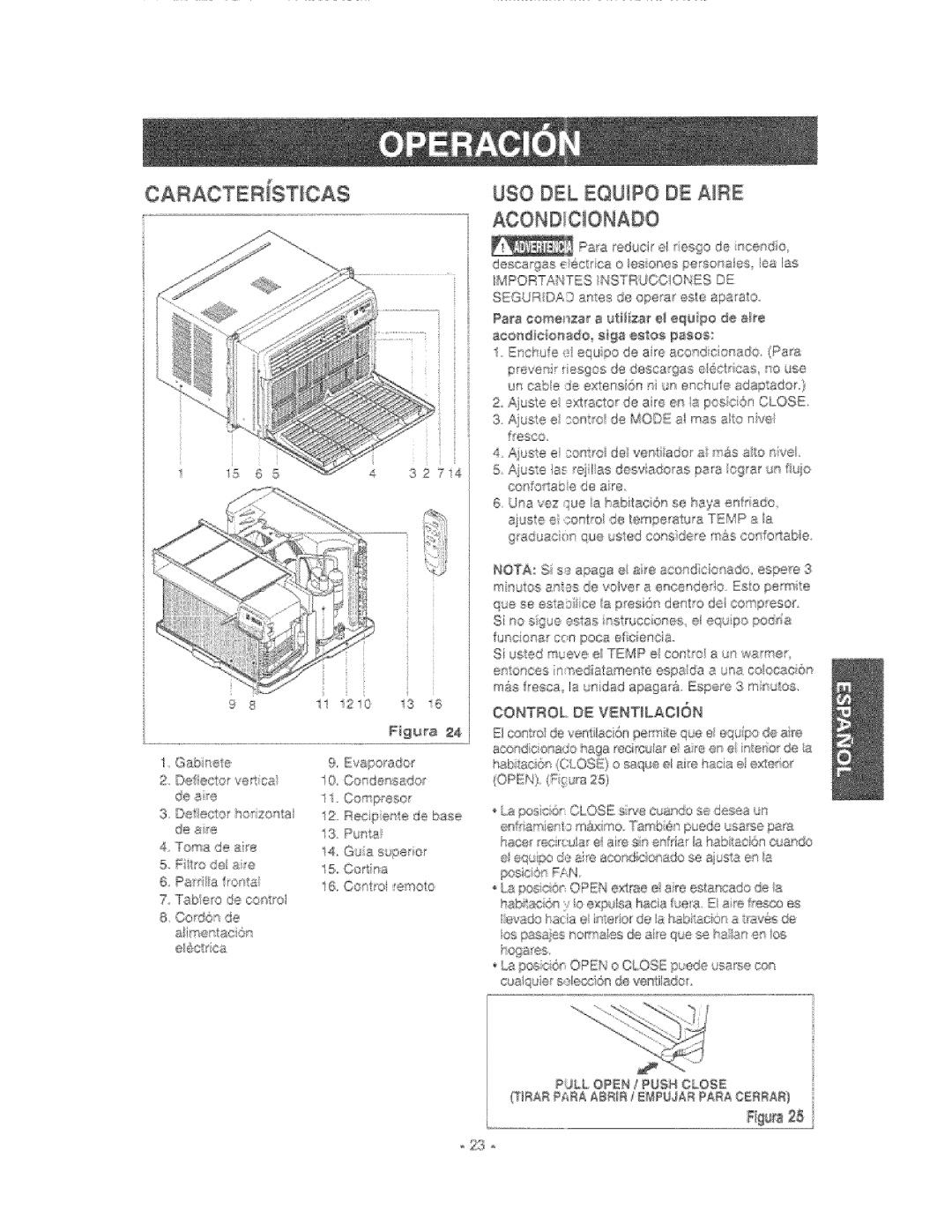 Kenmore 580.76081 manual Car Act Er St Cas, Use DEL Equipo DE Aire, FI#ta, Tirar P£RA ABRR/EPUSAR Para Cbrra 