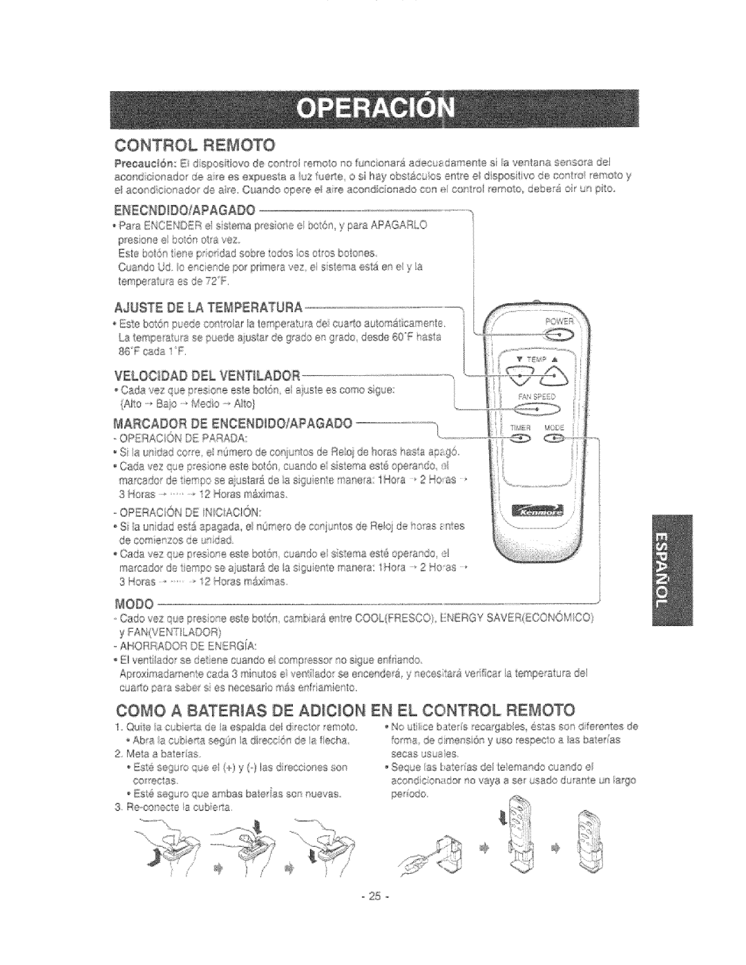 Kenmore 580.76081 manual Come a BATERIA$ DE ADICI,ON EN EL Control REMOTe, Enecnddo/Aagado, Velocdad DEL Ventlador, 25 o 