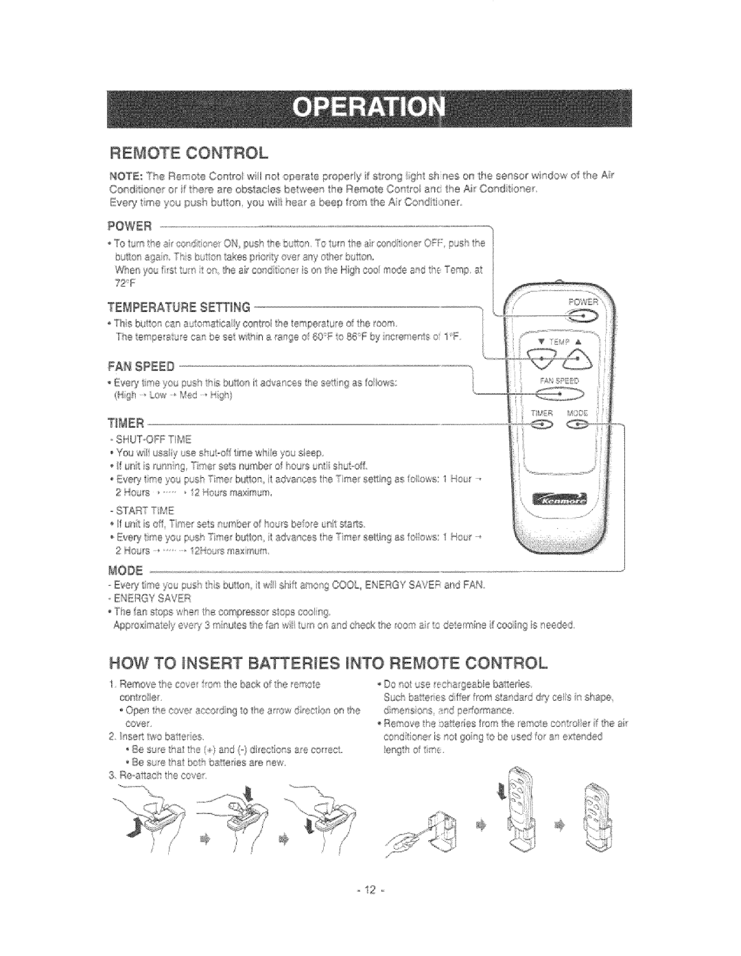 Kenmore 580.76081 manual Remote Control, HOW TO tNSERT BATTERIES NTO REMOTE CONTROL 