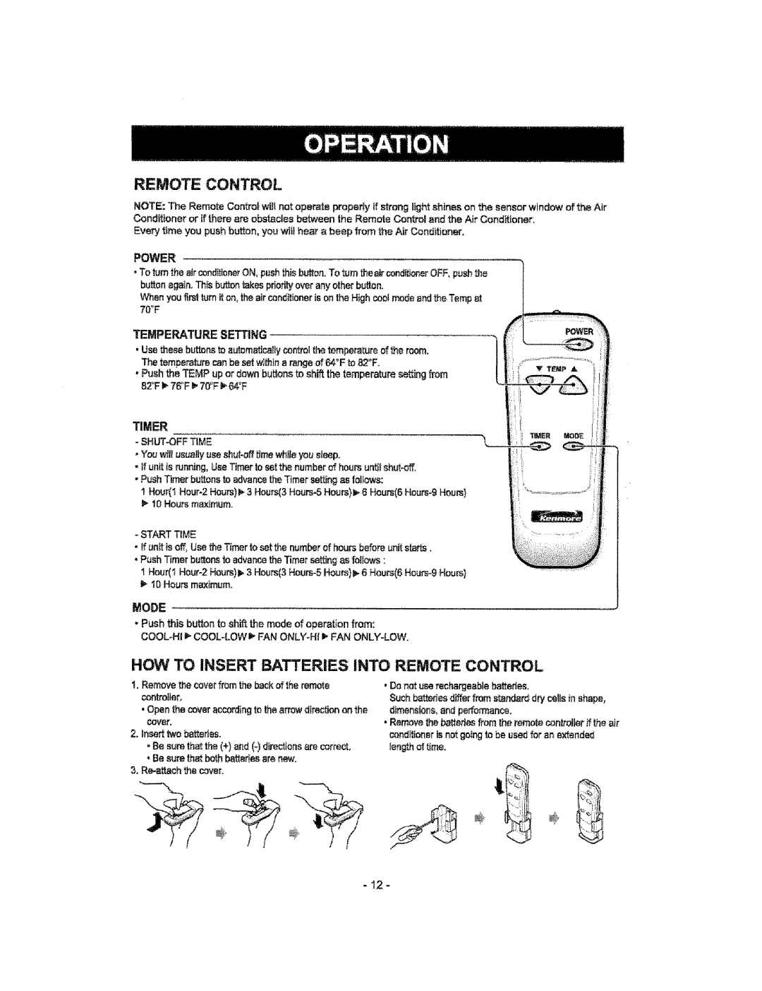 Kenmore 580.76100, 580.76t 00 manual HOW to Insert Batteries Into Remote Control, Timer, ContreIler, Insert two batteries 