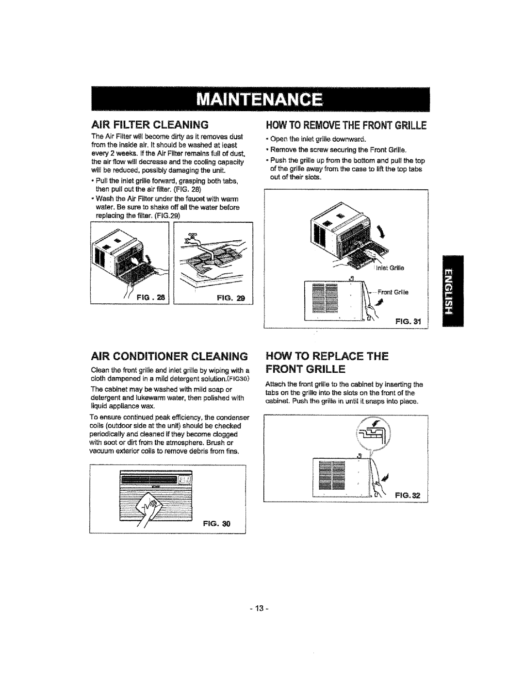 Kenmore 580.76t 00, 580.76100 manual AiR Filter Cleaning, AIR Conditioner Cleaning, HOW to Replace Front Grille 