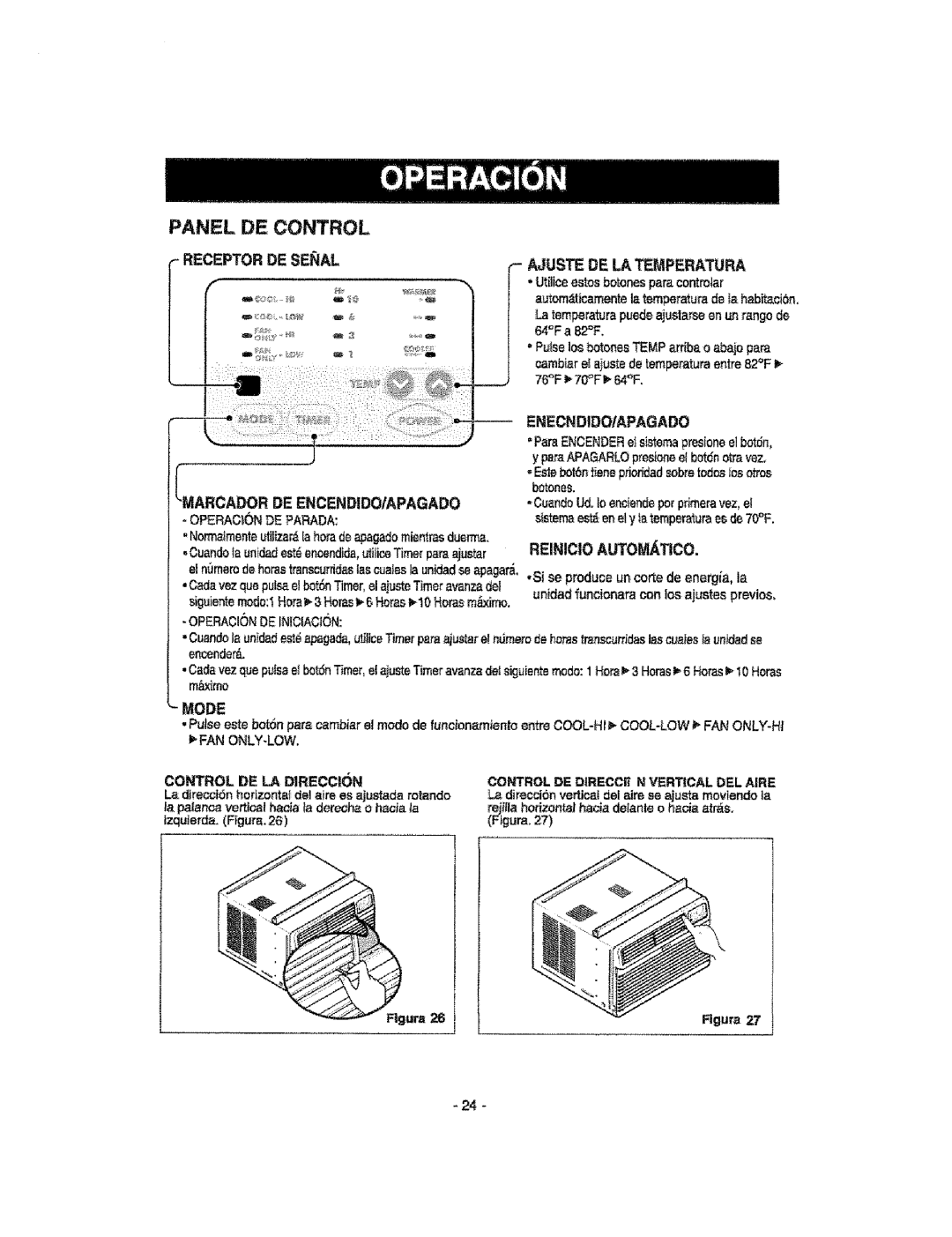 Kenmore 580.76100 manual Panel DE Control, Receptor DE Seial Ajuste DE LA Temperatura, Marcador DE ENCENDIDO/APAGADO, Mode 