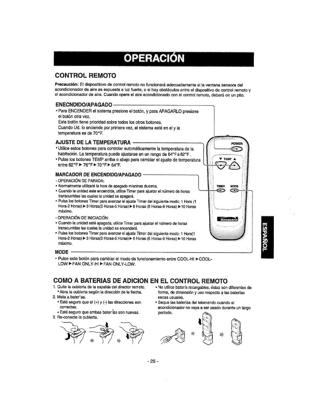 Kenmore 580.76t 00, 580.76100 manual COMe a Baterias DE Adicion EN EL Control REMOTe, Enecndido/Apaga 