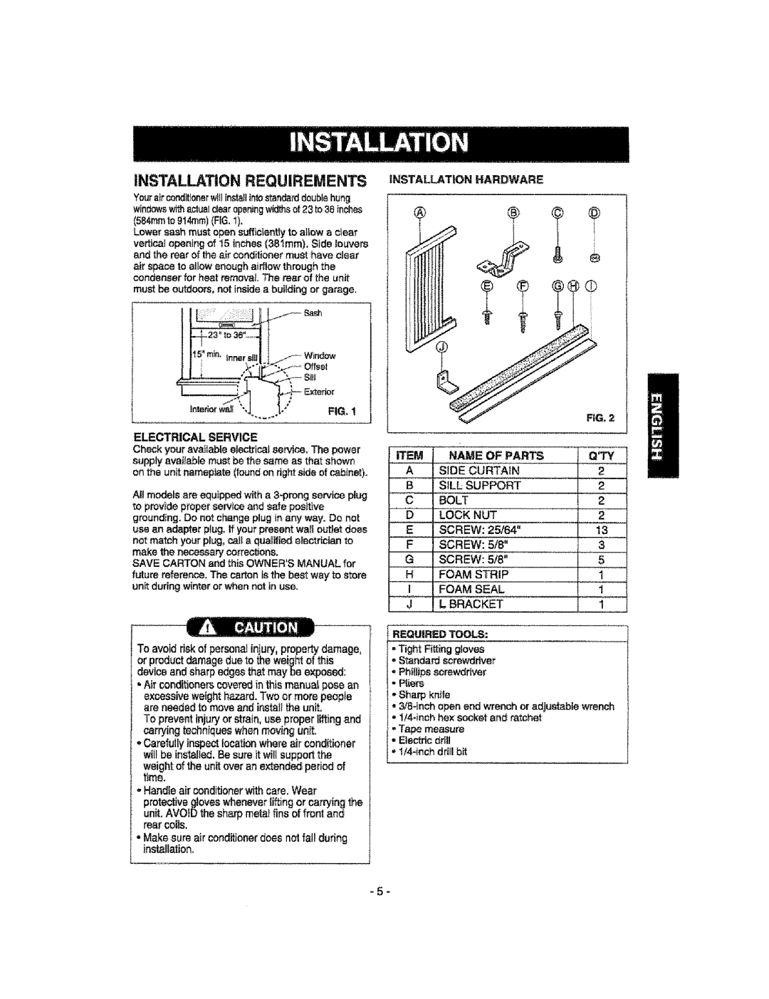 Kenmore 580.76t 00 manual Installation Requirements Installation Hardware, Electrical Service, Name of Parts, Foam Seal 