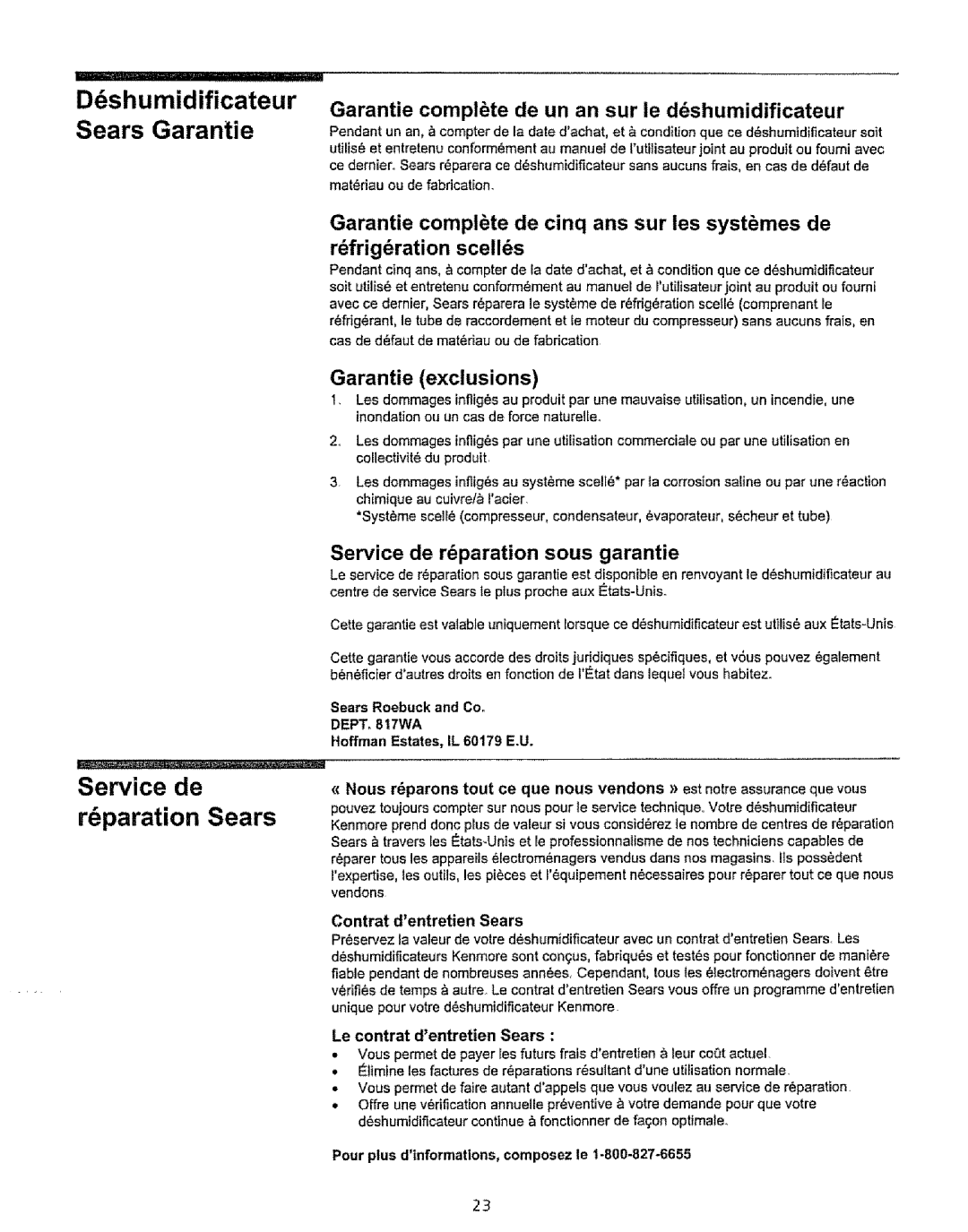 Kenmore 5751, 5840, 5830 owner manual Service de, Garantie complete de un an sur le ddshumidificateur, Rdfrigration scellds 