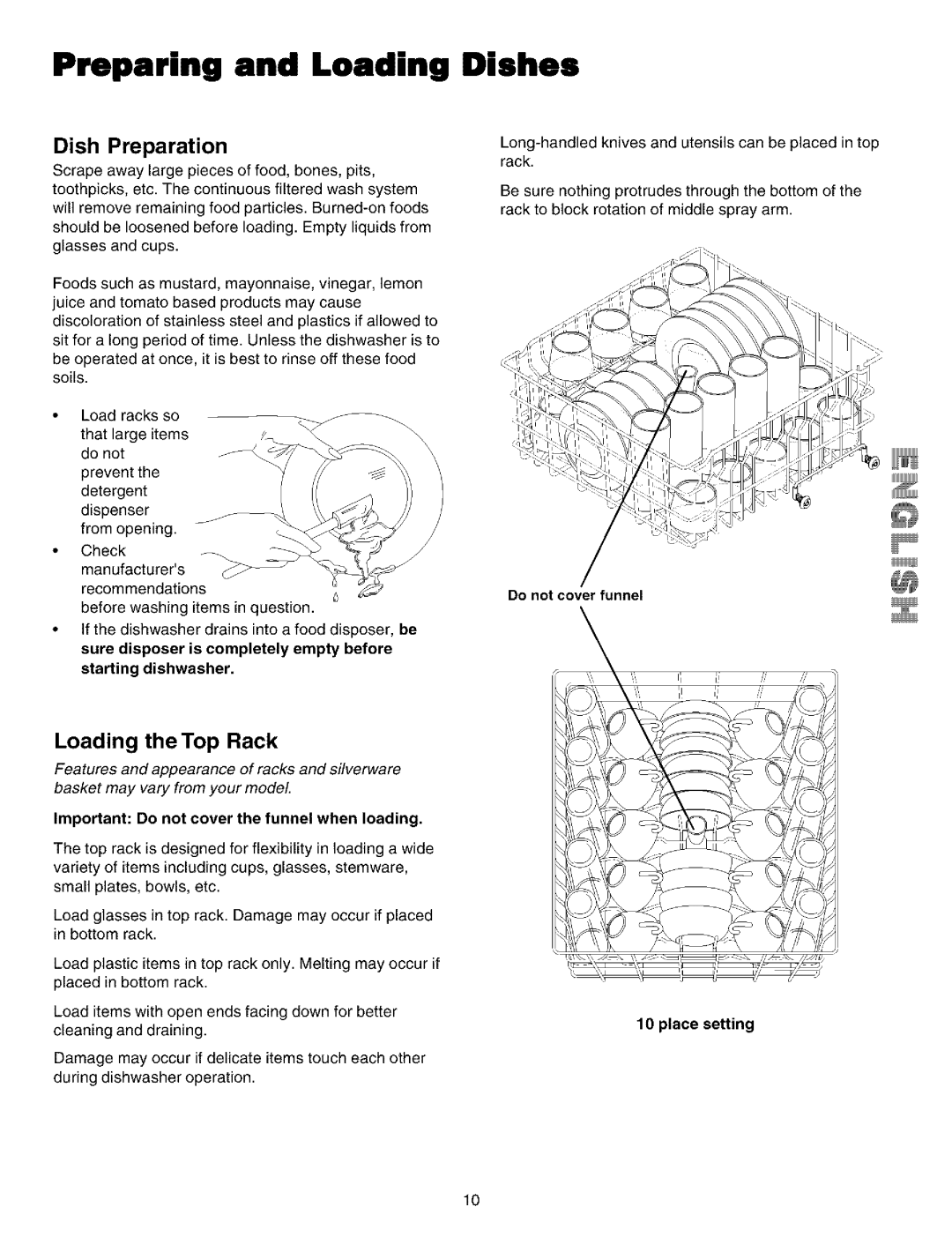 Kenmore 587.14202, 587.14209 manual Preparing and Loading Dishes, Dish Preparation, Loading theTop Rack, Place setting 