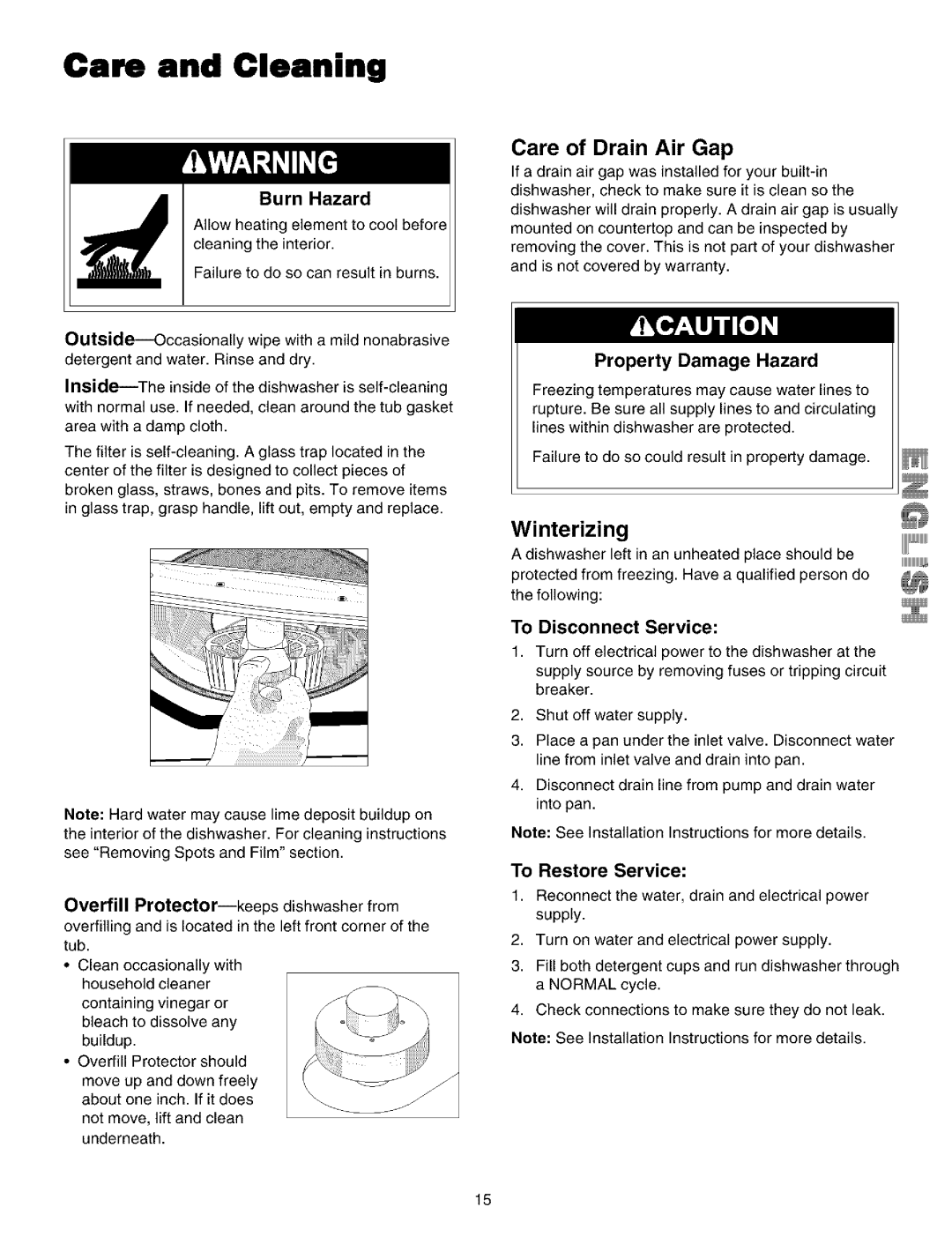 Kenmore 587.14209, 587.14202 manual Care and Cleaning, Care of Drain Air Gap, Winterizing 