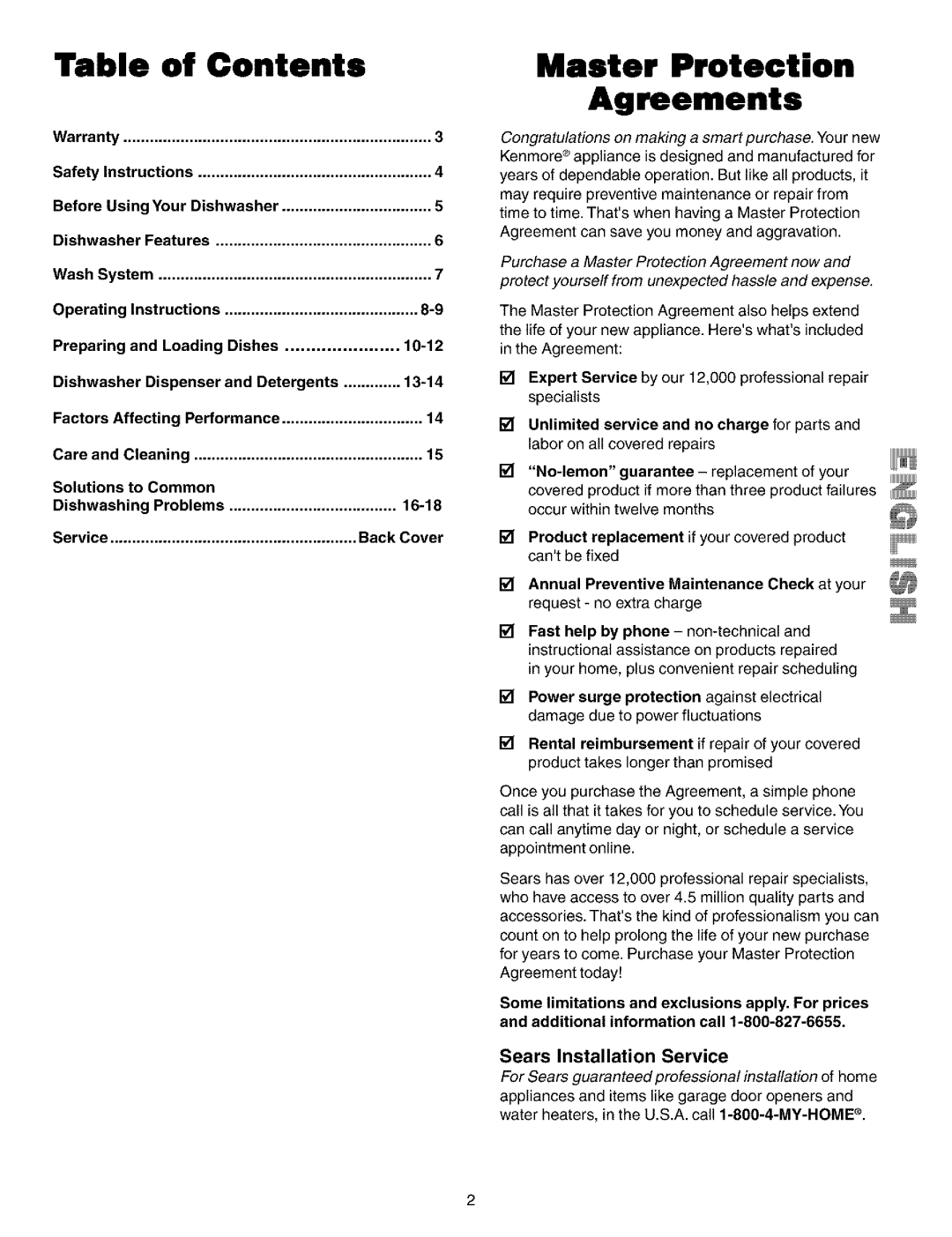 Kenmore 587.14202, 587.14209 manual Contents, Master Protection Agreements 