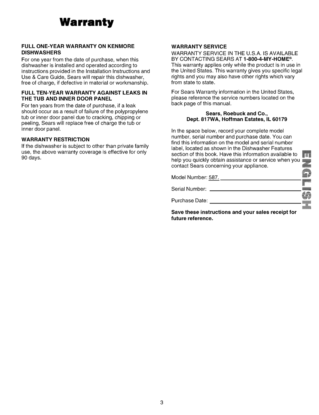 Kenmore 587.14209, 587.14202 manual Warranty, Sears, Roebuck and Co Dept WA, Hoffman Estates, IL 