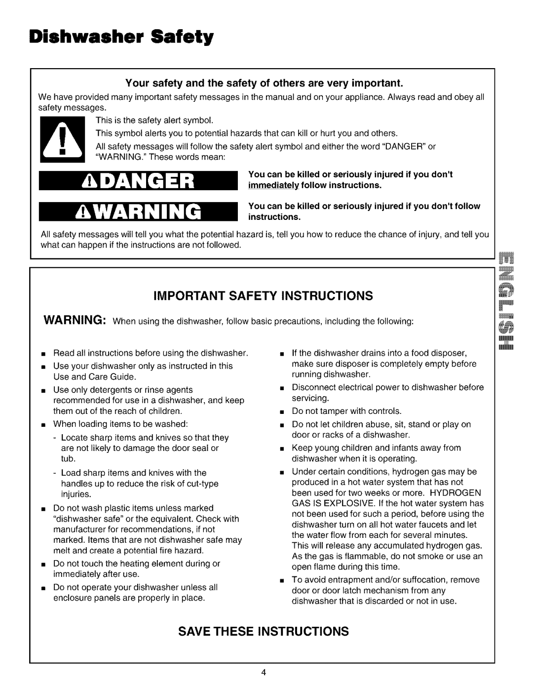 Kenmore 587.14202, 587.14209 manual Dishwasher Safety, Important Safety Instructions, Save These Instructions 