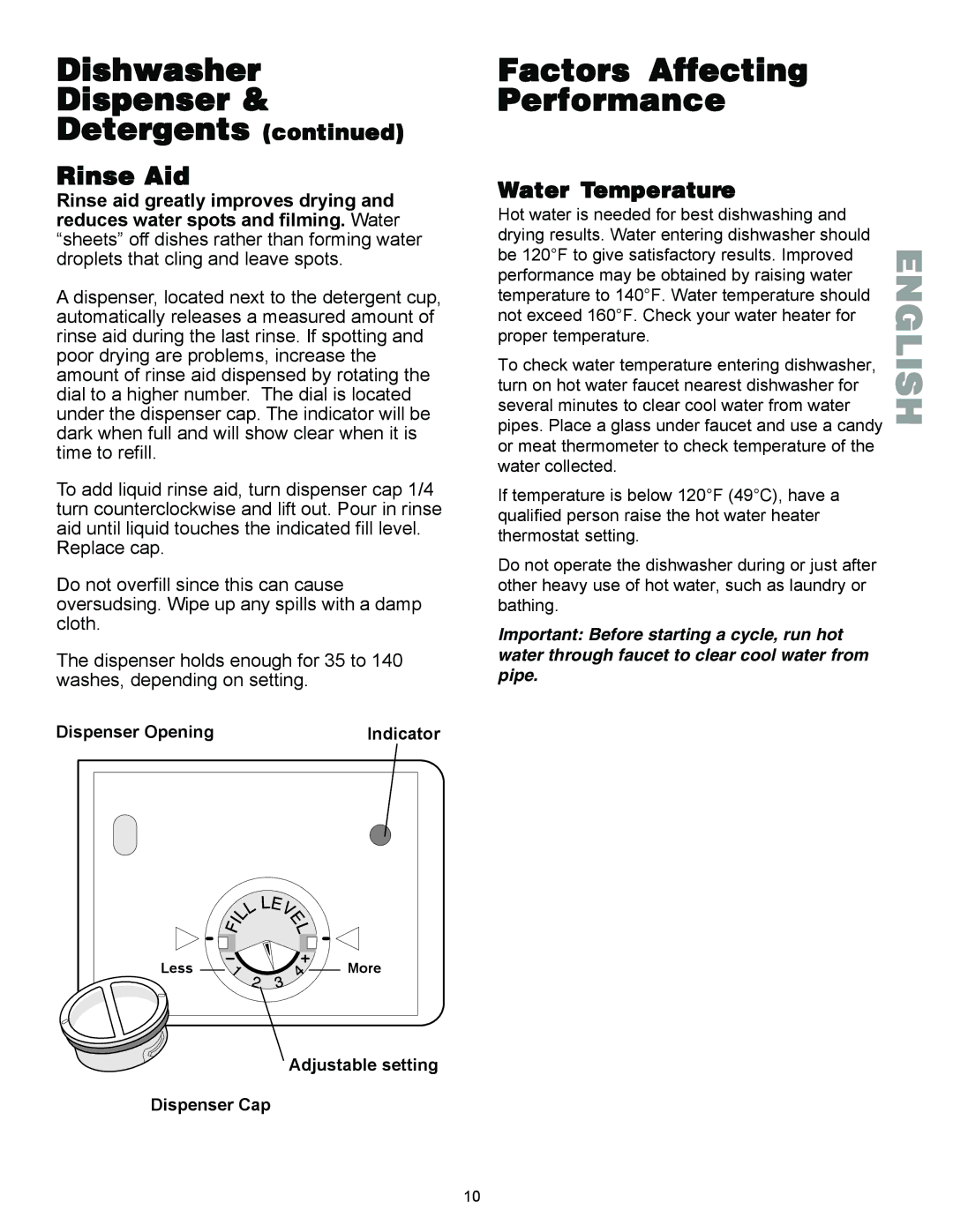 Kenmore 587.1441 manual Dishwasher Dispenser Detergents, Factors Affecting Performance, Rinse Aid, Water Temperature 