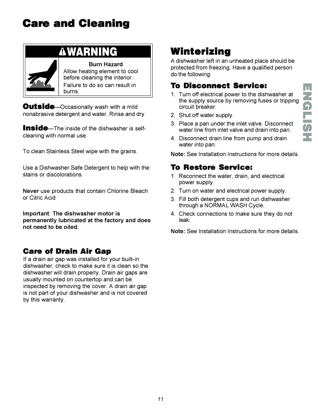 Kenmore 587.1441 manual Care and Cleaning, Care of Drain Air Gap, To Disconnect Service, To Restore Service 