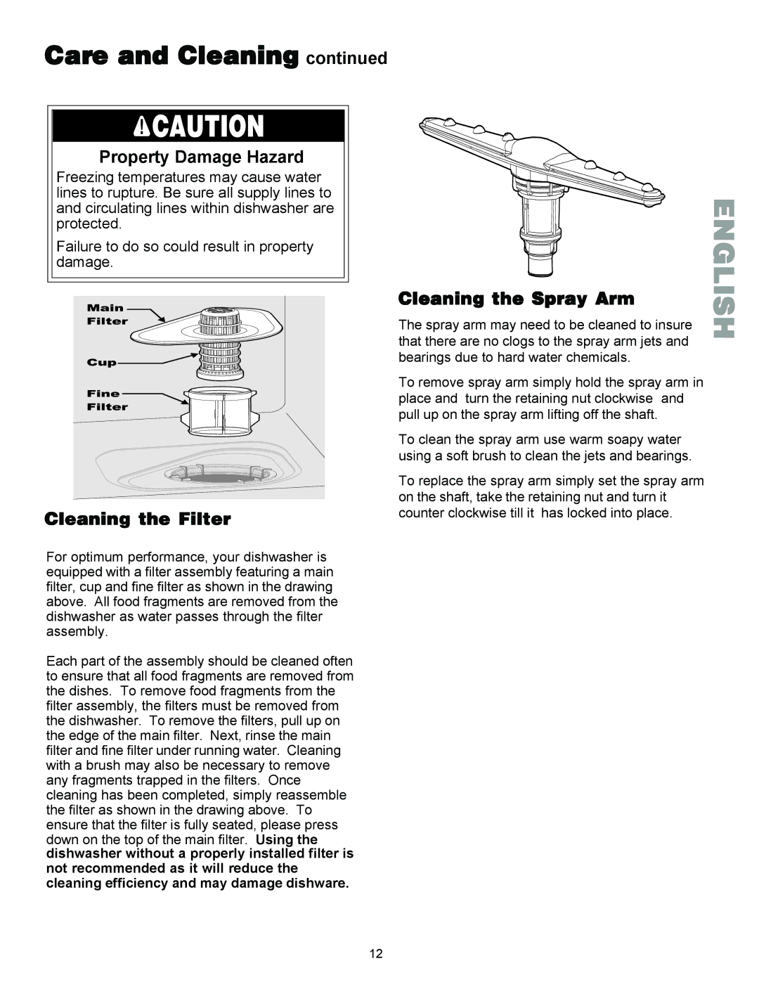 Kenmore 587.1441 manual Property Damage Hazard, Cleaning the Filter, Cleaning the Spray Arm 