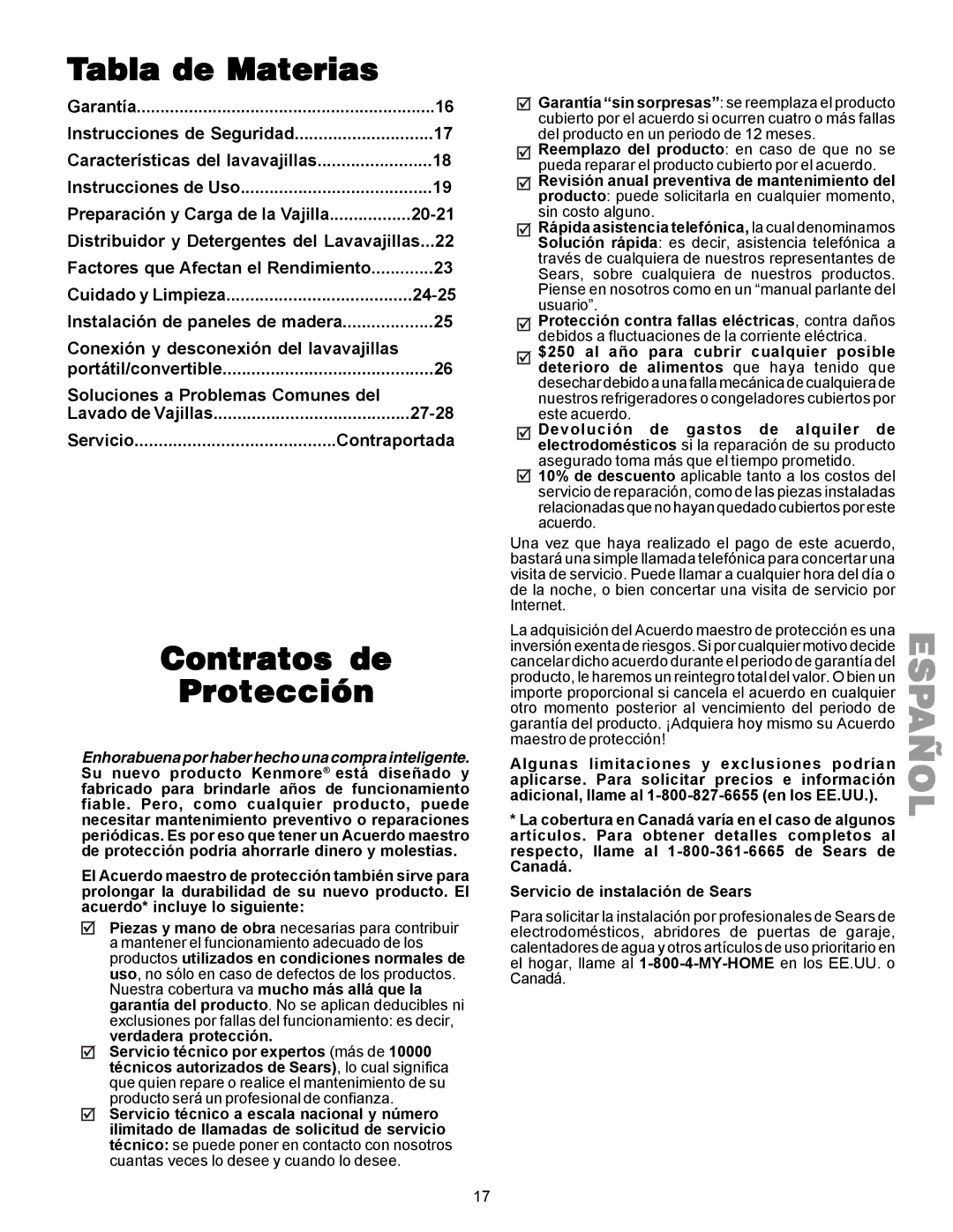 Kenmore 587.1441 manual Tabla de Materias, Contratos de Protección, Factores que Afectan el Rendimiento 