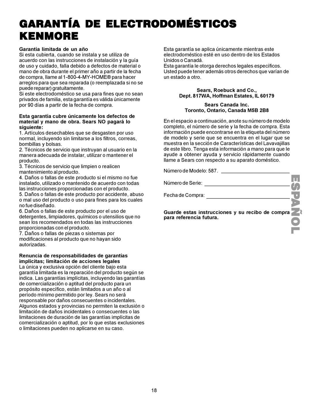 Kenmore 587.1441 manual Garantía DE Electrodomésticos Kenmore, Garantía limitada de un año 