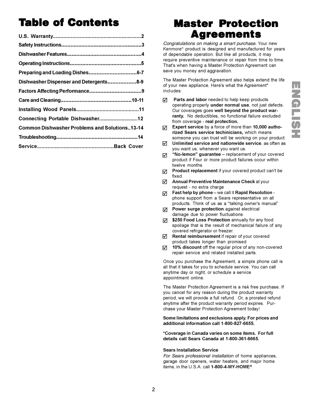 Kenmore 587.1441 manual Table of Contents, Master Protection Agreements 