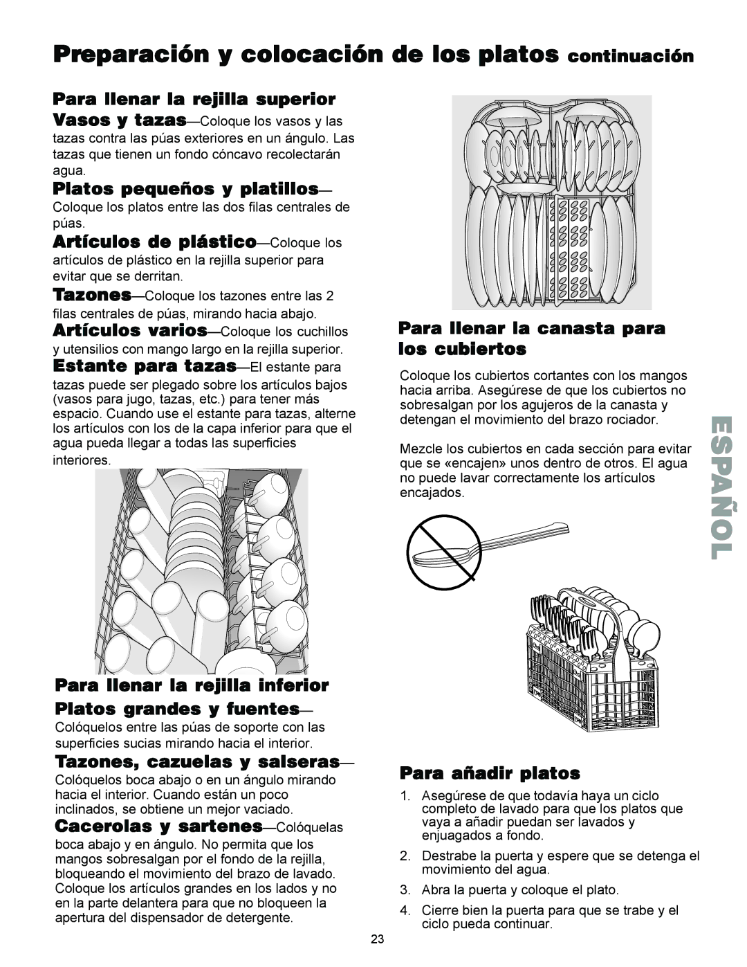 Kenmore 587.1441 manual Para llenar la rejilla superior, Platos pequeños y platillos, Artículos de plástico-Coloque los 