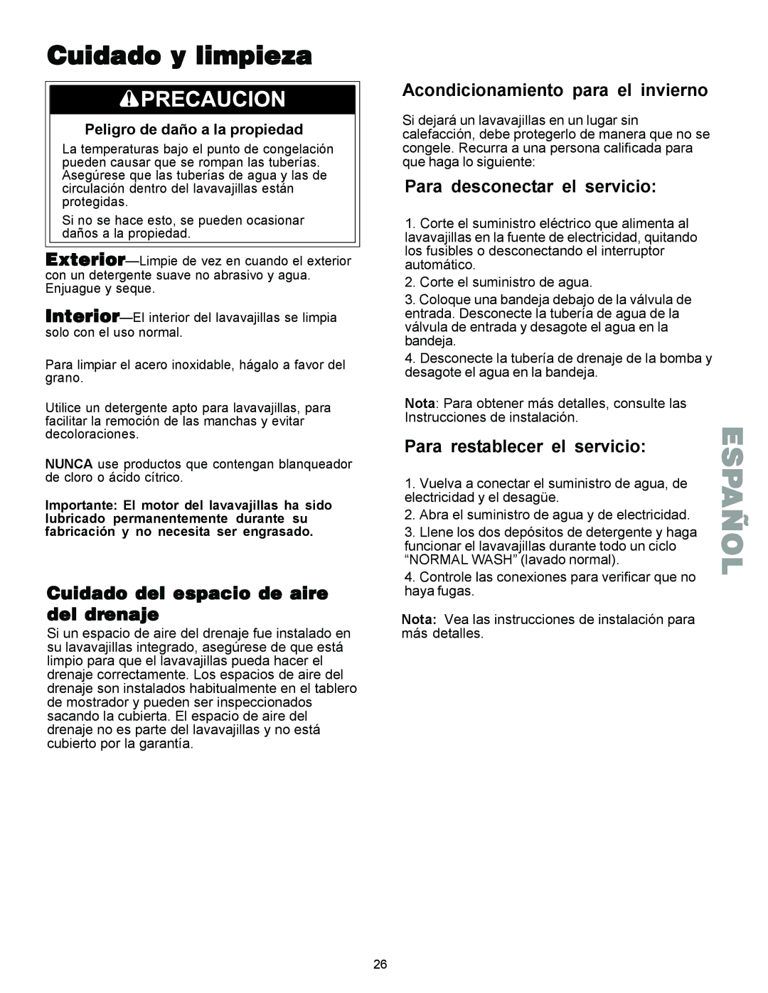 Kenmore 587.1441 manual Cuidado y limpieza, Cuidado del espacio de aire del drenaje, Acondicionamiento para el invierno 