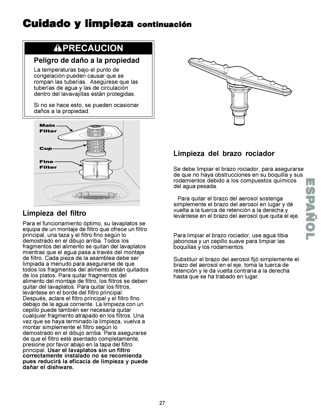 Kenmore 587.1441 manual Cuidado y limpieza continuación, Peligro de daño a la propiedad, Limpieza del filtro 