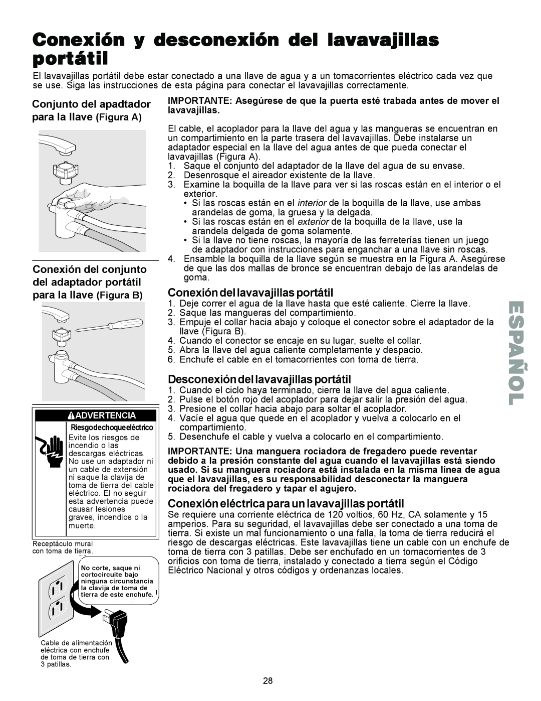 Kenmore 587.1441 manual Conexión y desconexión del lavavajillas portátil, Advertencia 