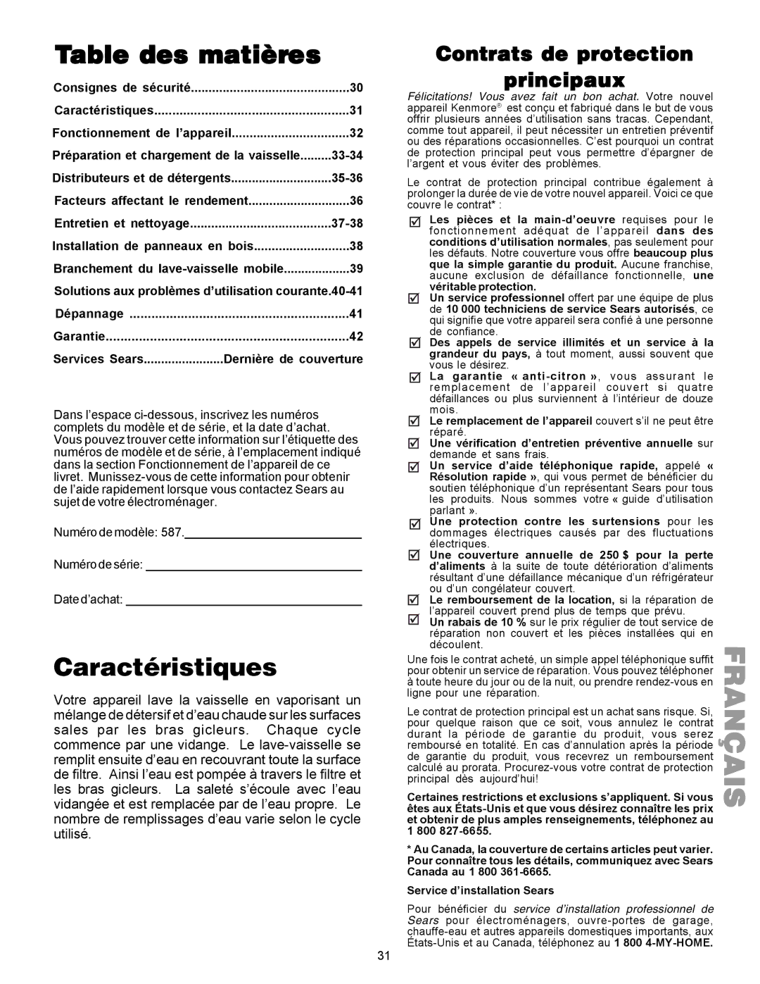 Kenmore 587.1441 manual Table des matières, Caractéristiques, Contrats de protection Principaux 