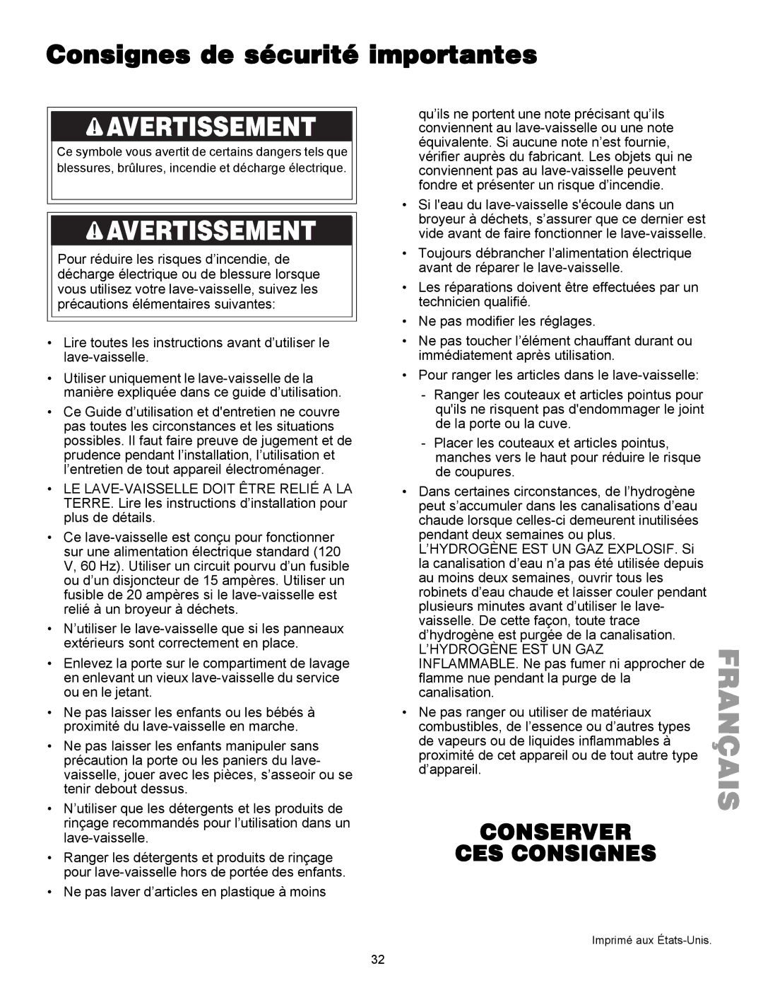 Kenmore 587.1441 manual Consignes de sécurité importantes, ’Hydrogène Est Un Gaz 