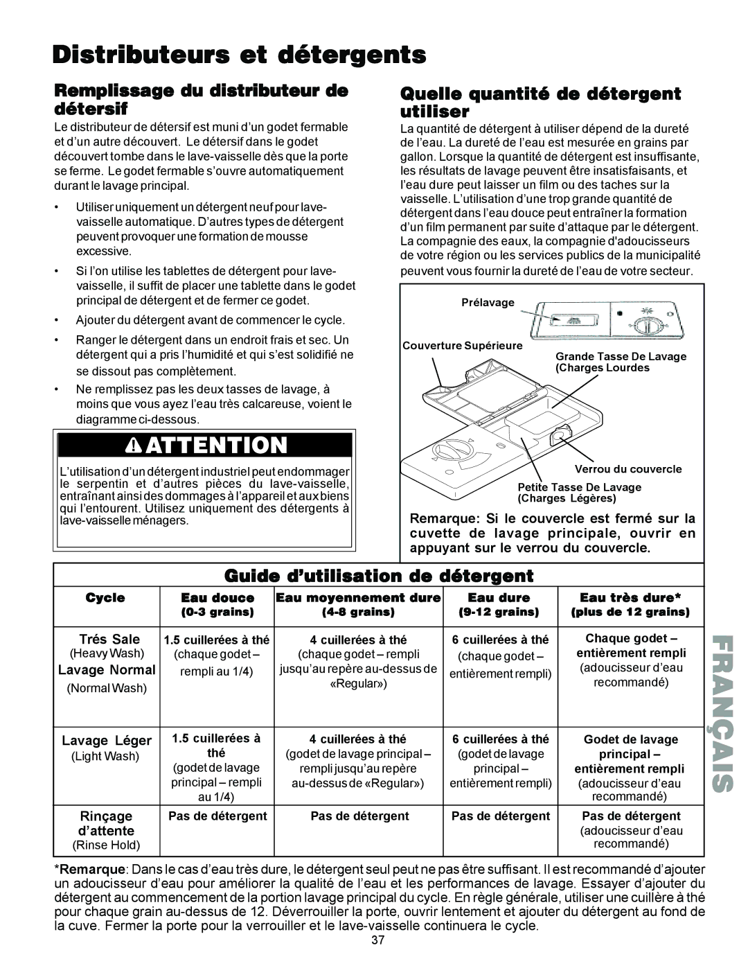 Kenmore 587.1441 manual Distributeurs et détergents, Guide d’utilisation de détergent 