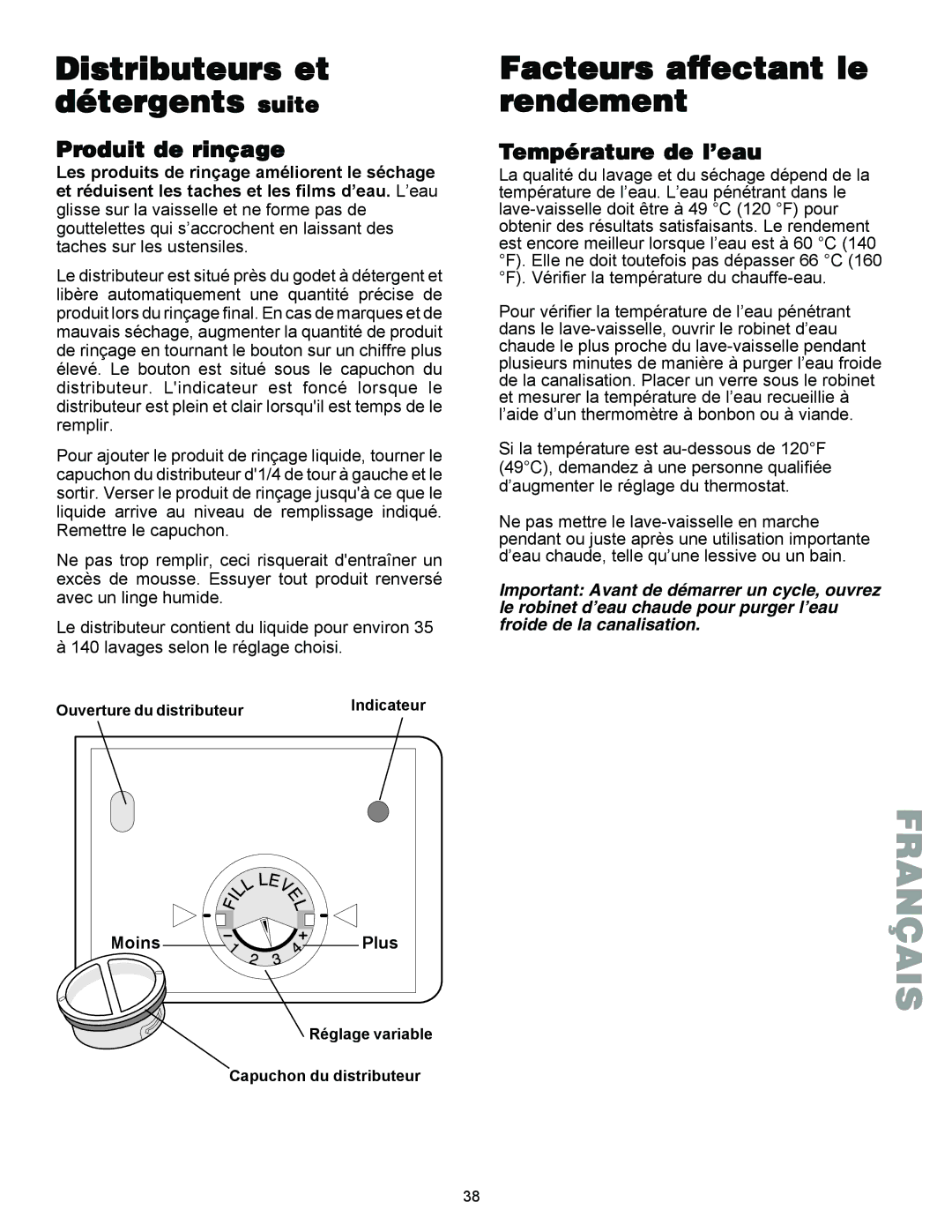 Kenmore 587.1441 manual Distributeurs et détergents suite, Facteurs affectant le rendement, Produit de rinçage 