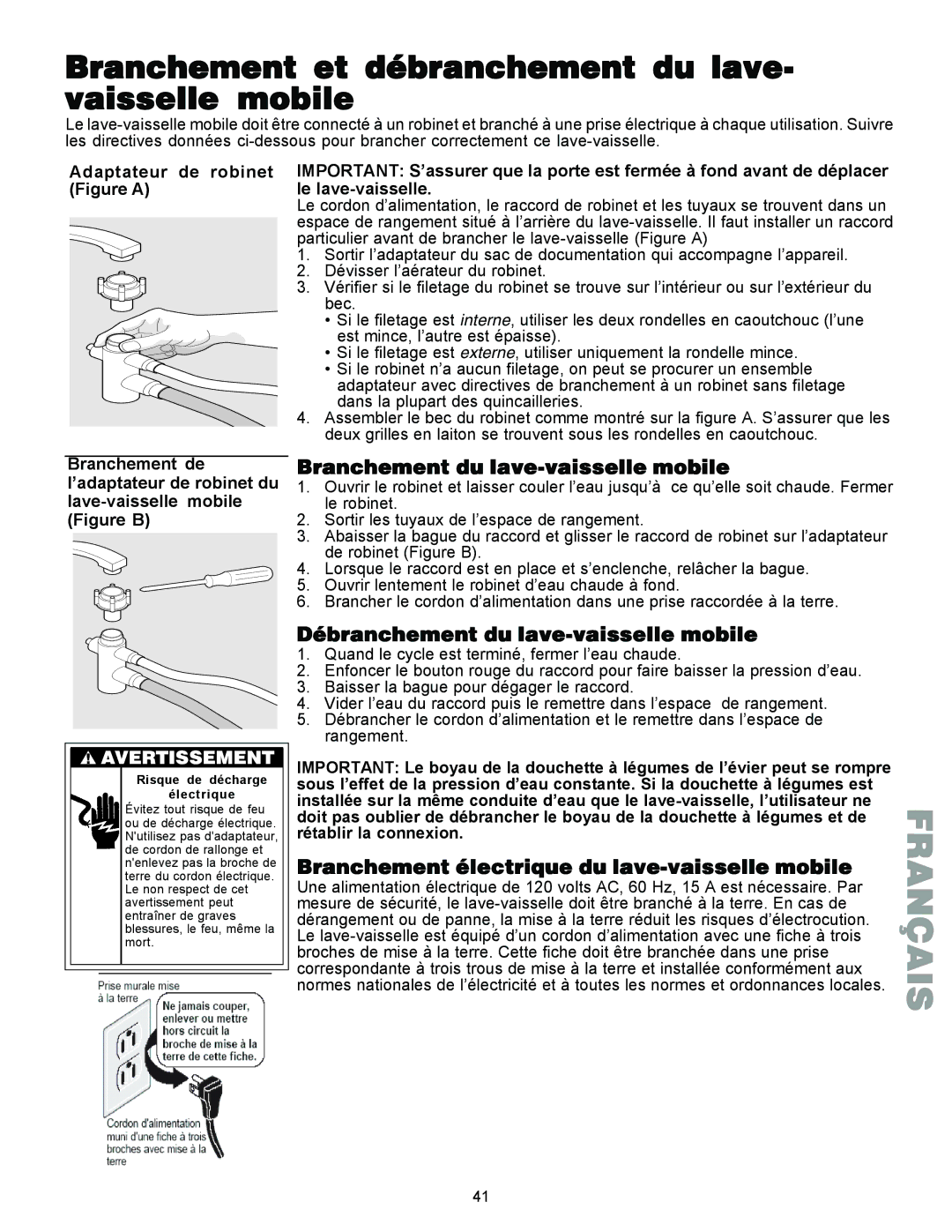 Kenmore 587.1441 manual Branchement et débranchement du lave- vaisselle mobile, Adaptateur de robinet 