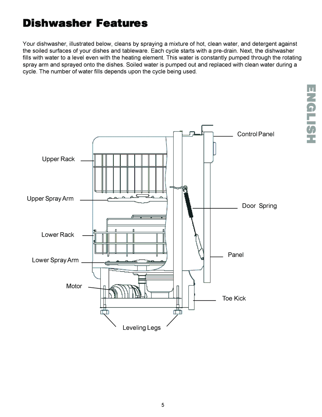 Kenmore 587.1441 manual Dishwasher Features 