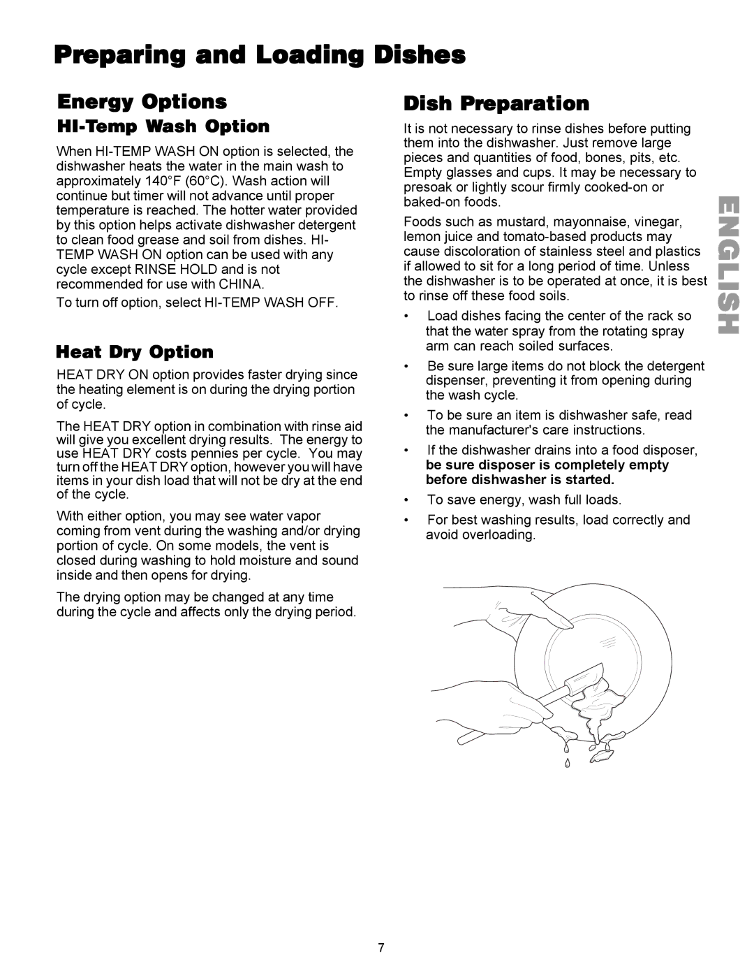 Kenmore 587.144 manual Preparing and Loading Dishes, Energy Options, Dish Preparation, HI-Temp Wash Option, Heat Dry Option 