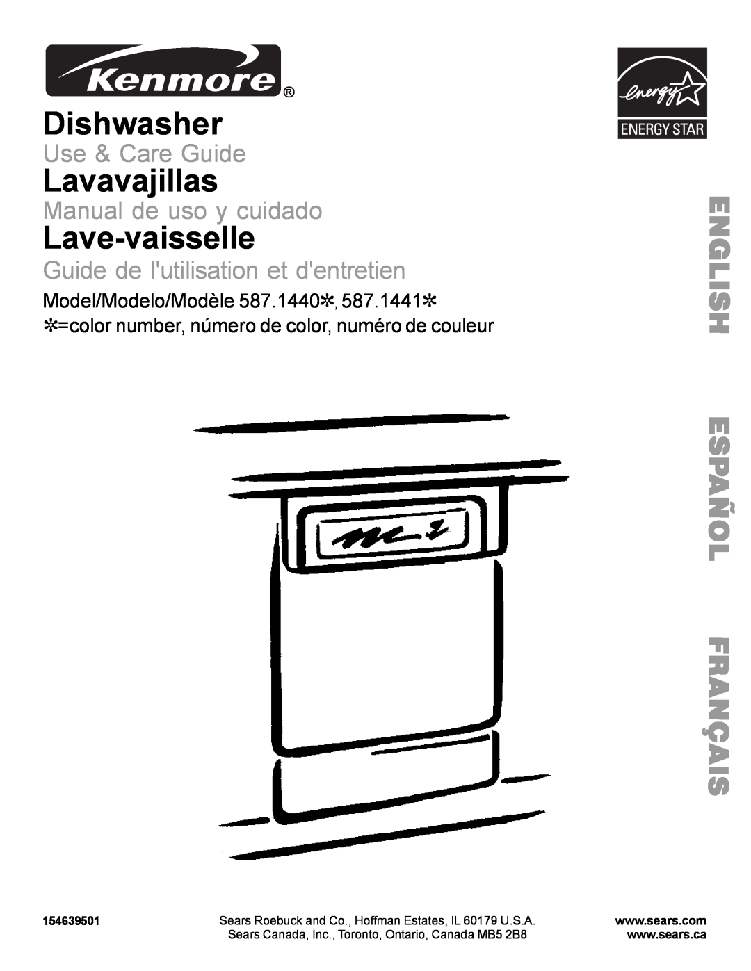 Kenmore 587.144 manual English Español Français, Dishwasher, Lavavajillas, Lave-vaisselle, Use & Care Guide, 154639501 