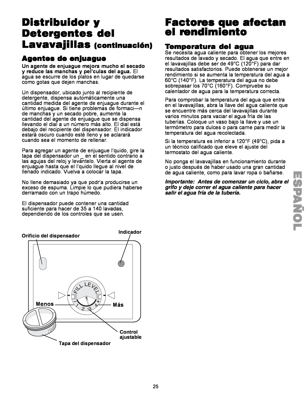 Kenmore 587.1441 manual Distribuidor y Detergentes del, Factores que afectan el rendimiento, Temperatura del agua, Menos 