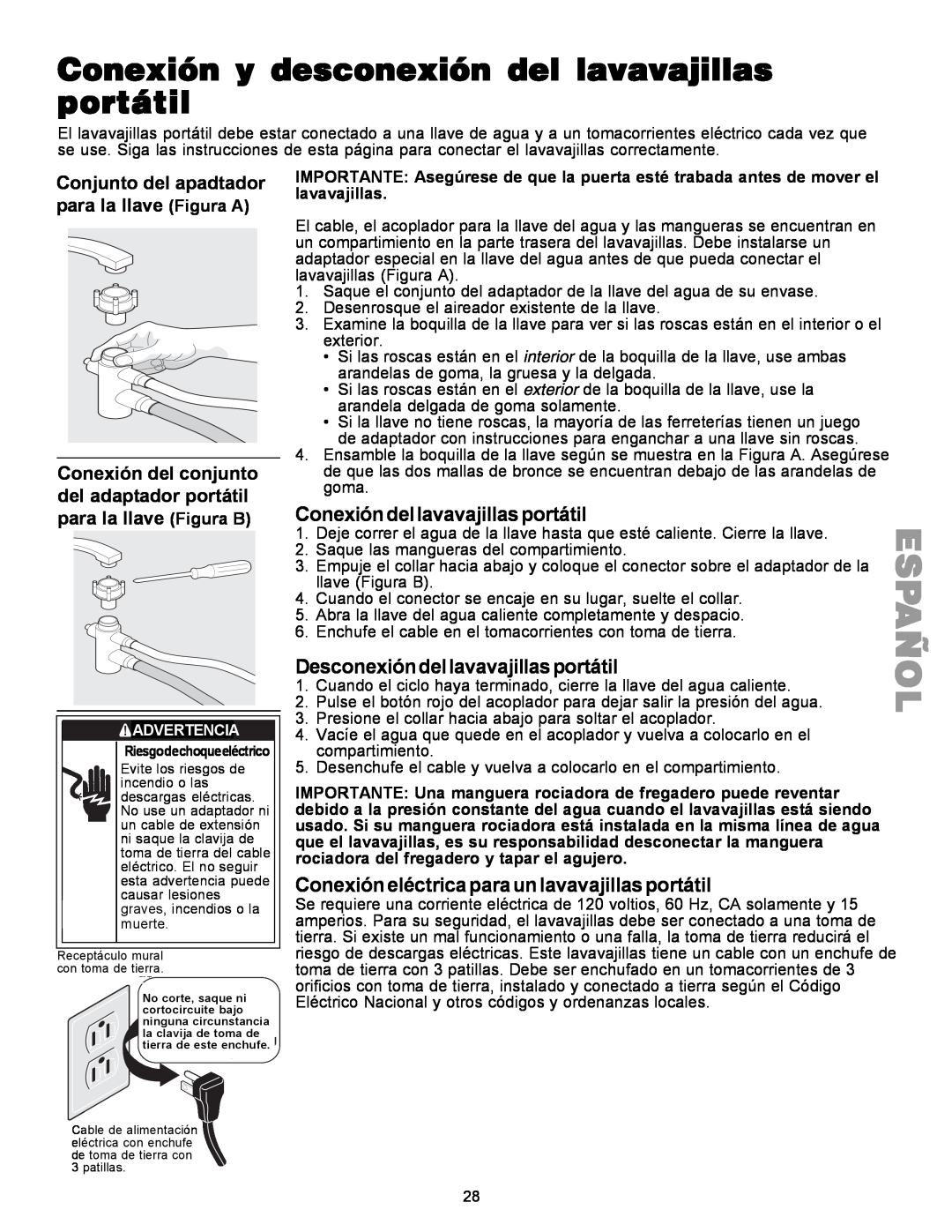 Kenmore 587.1441 manual Conexión y desconexión del lavavajillas portátil, Conexióndellavavajillasportátil 