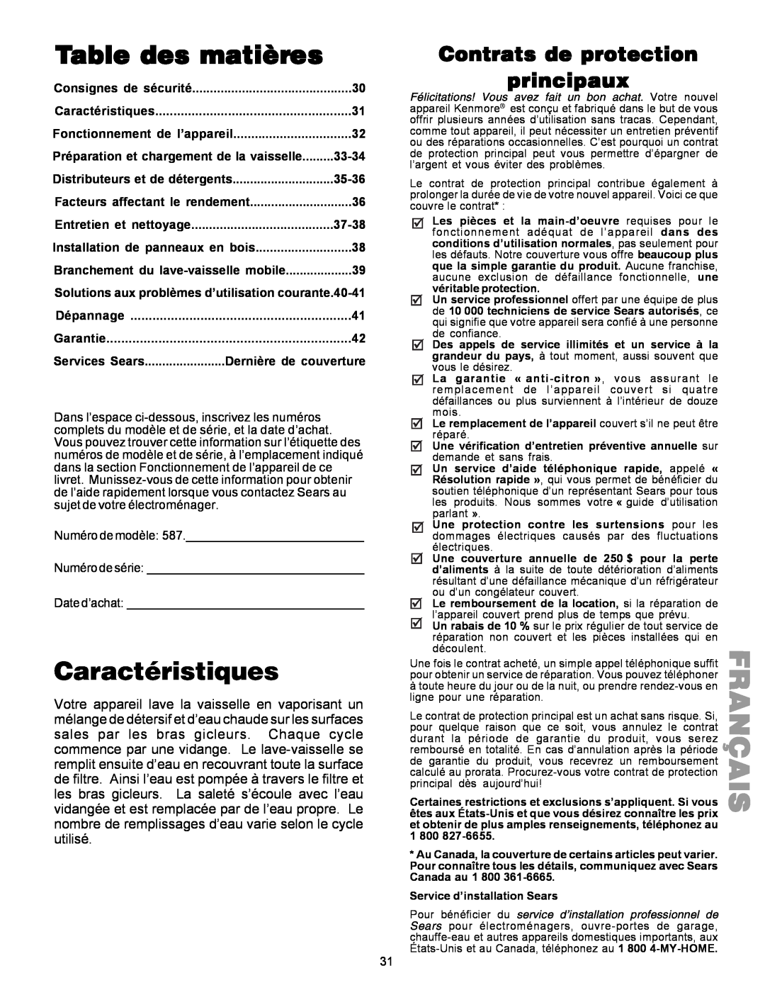 Kenmore 587.144 Français, Table des matières, Caractéristiques, Contrats de protection principaux, Consignes de sécurité 