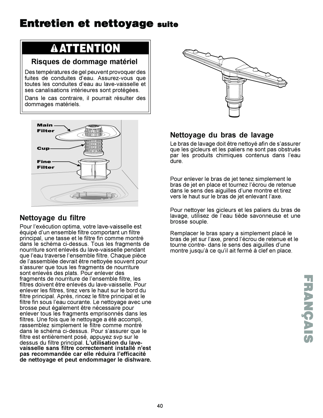 Kenmore 587.1441 manual Entretien et nettoyage suite, Risques de dommage matériel, Nettoyage du filtre, Français 