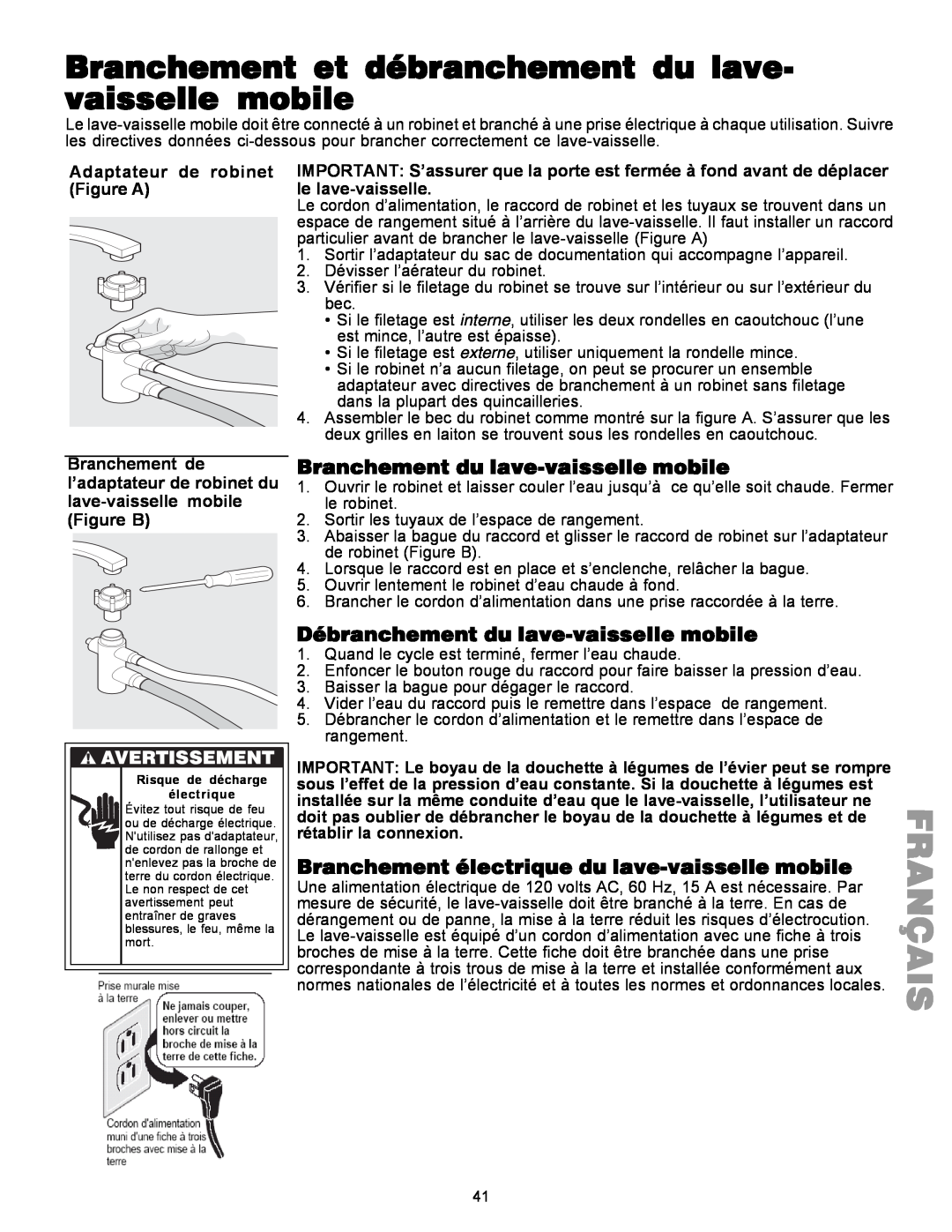 Kenmore 587.1441 manual Branchement du lave-vaissellemobile, Débranchement du lave-vaissellemobile, Français, Figure A 