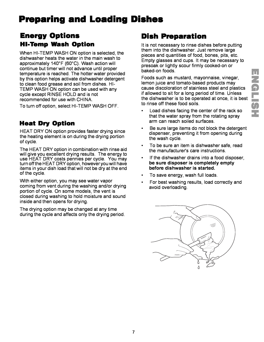 Kenmore 587.144 manual Preparing and Loading Dishes, Energy Options, Dish Preparation, HI-TempWash Option, Heat Dry Option 