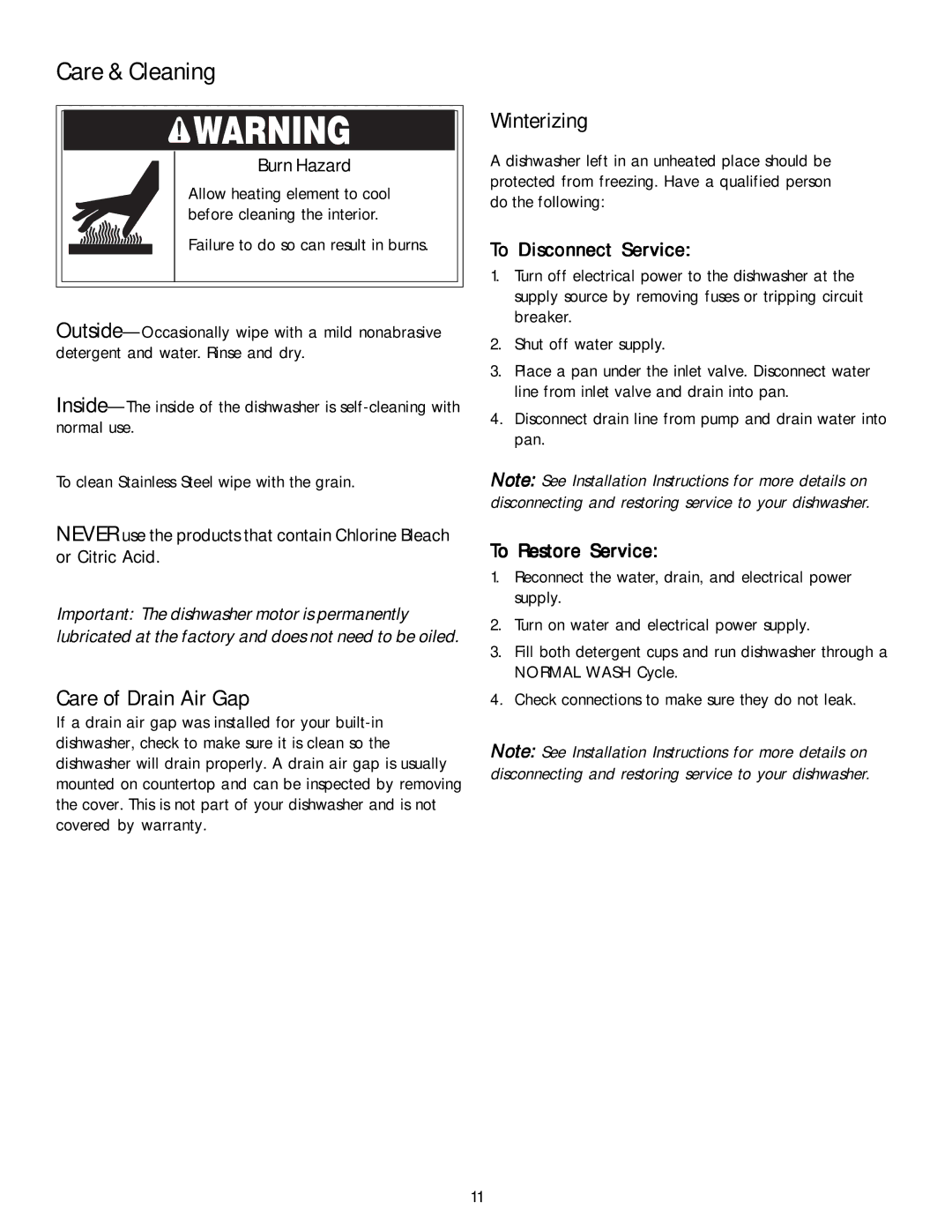 Kenmore 587.1468 manual Care of Drain Air Gap, Winterizing, To Disconnect Service, To Restore Service, Burn Hazard 