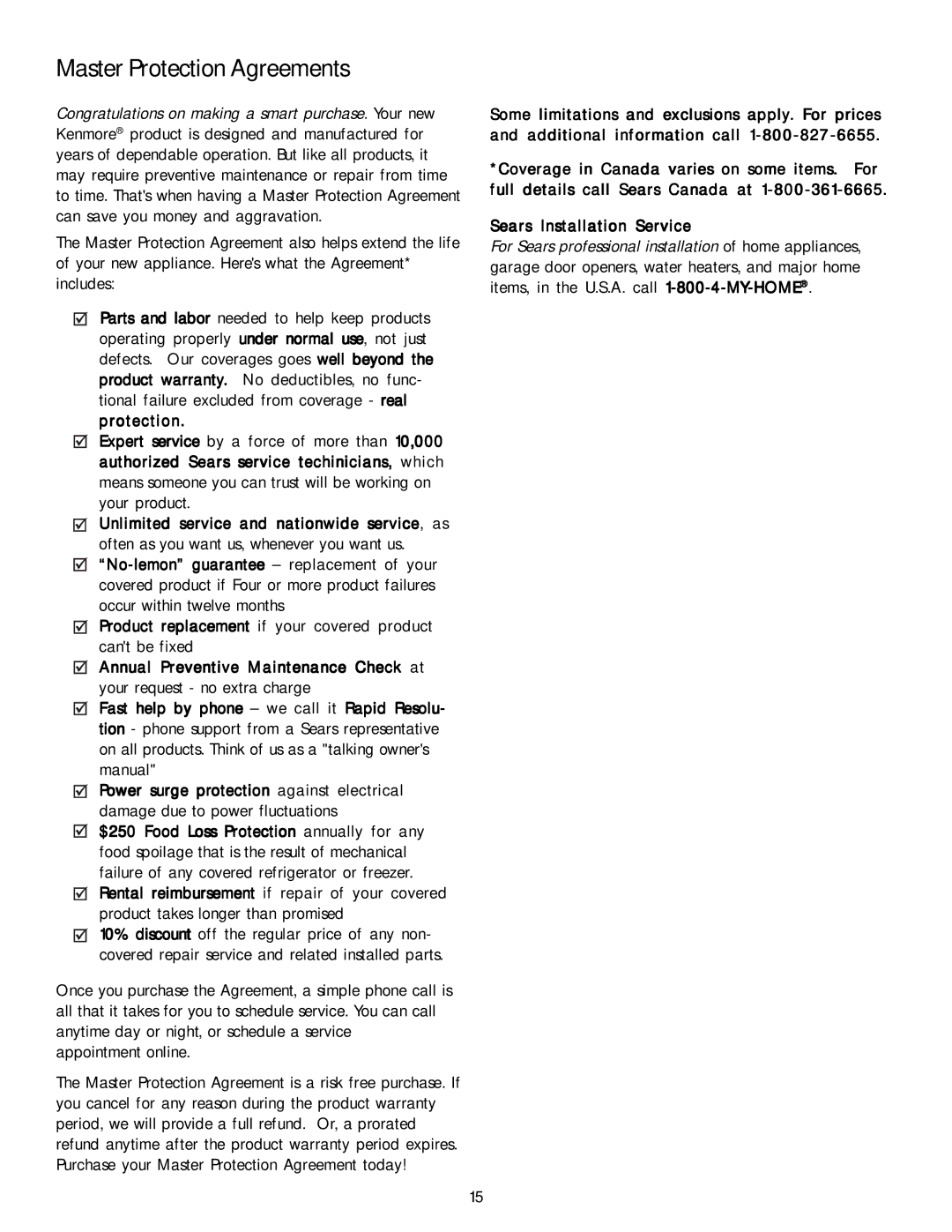 Kenmore 587.1468 manual Master Protection Agreements, Annual Preventive Maintenance Check at, Your request no extra charge 