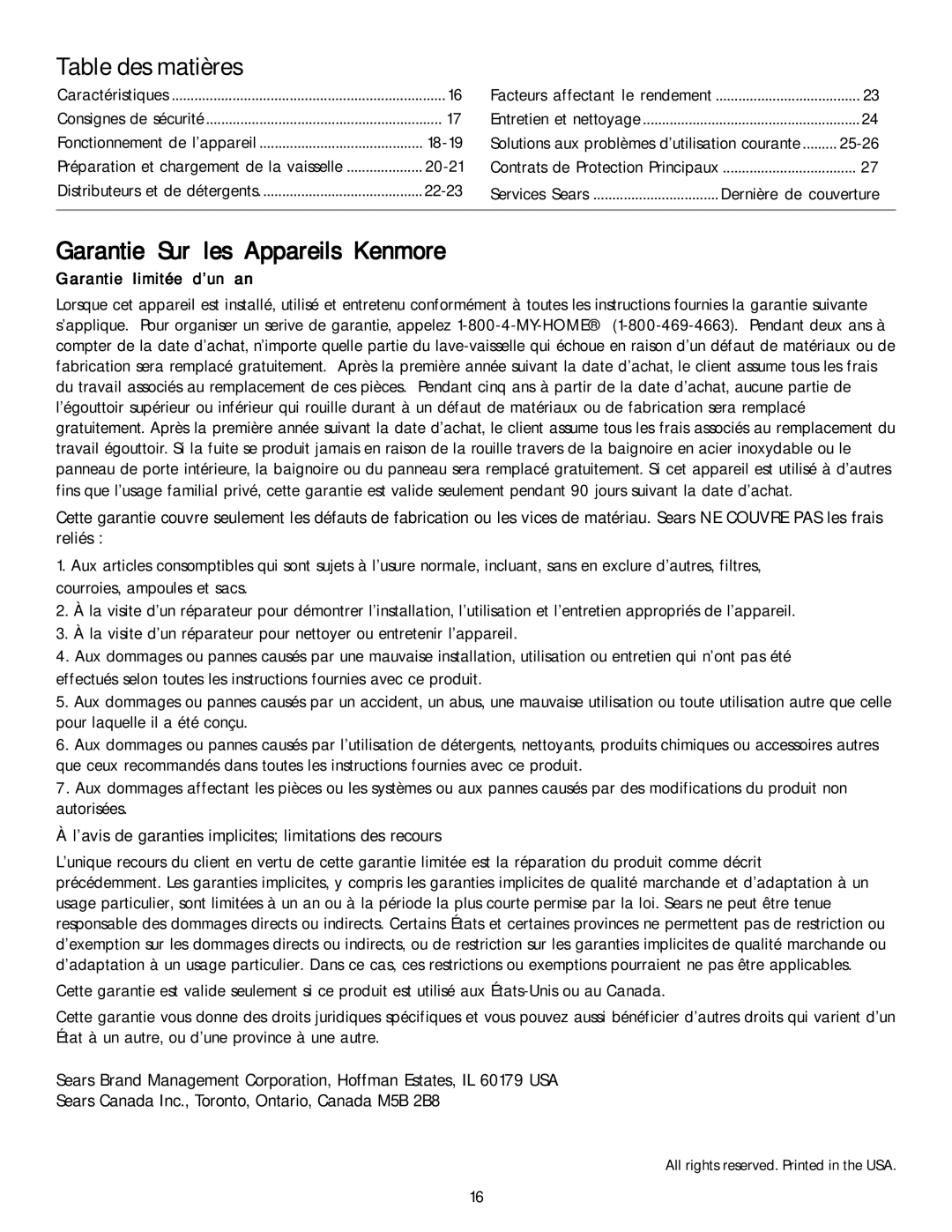 Kenmore 587.1468 manual Table des matières, Garantie Sur les Appareils Kenmore, Garantie limitée d’un an 