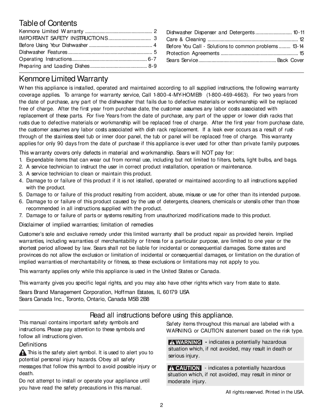 Kenmore 587.1468 manual Table of Contents, Kenmore Limited Warranty 